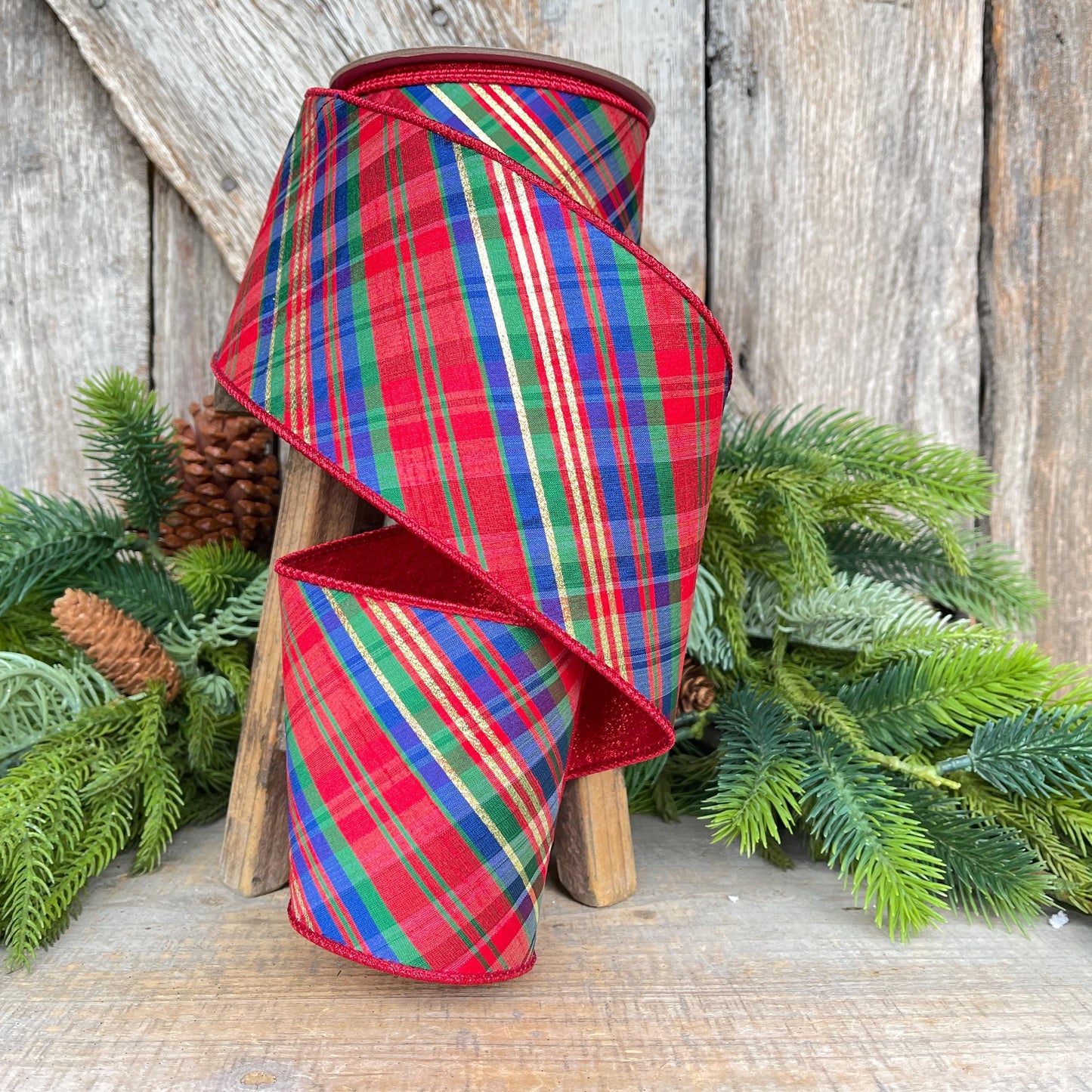 4" Chistmas Plaid ribbon, Farrisilk Ribbon, Nutcracker plaid ribbon, Christmas plaid ribbon, wired ribbon, Glitz Plaid Ribbon, RK701-32