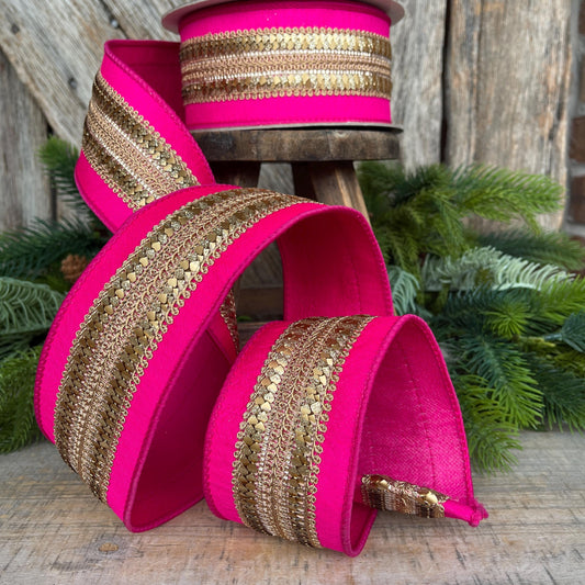 2.5" Hot Pink Gold Ribbon, Farrisilk Ribbon, Hot Pink Christmas Ribbon, Gilded Hearts Ribbon, SR112-15