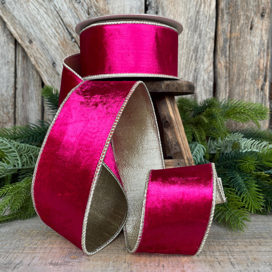 2.5” Hot Pink Satin Velvet, Farrisilk Velvet, Pink Velvet Ribbon, Hot Pink Ribbon, wired ribbon, velvet ribbon, 10 yards, RK662-08