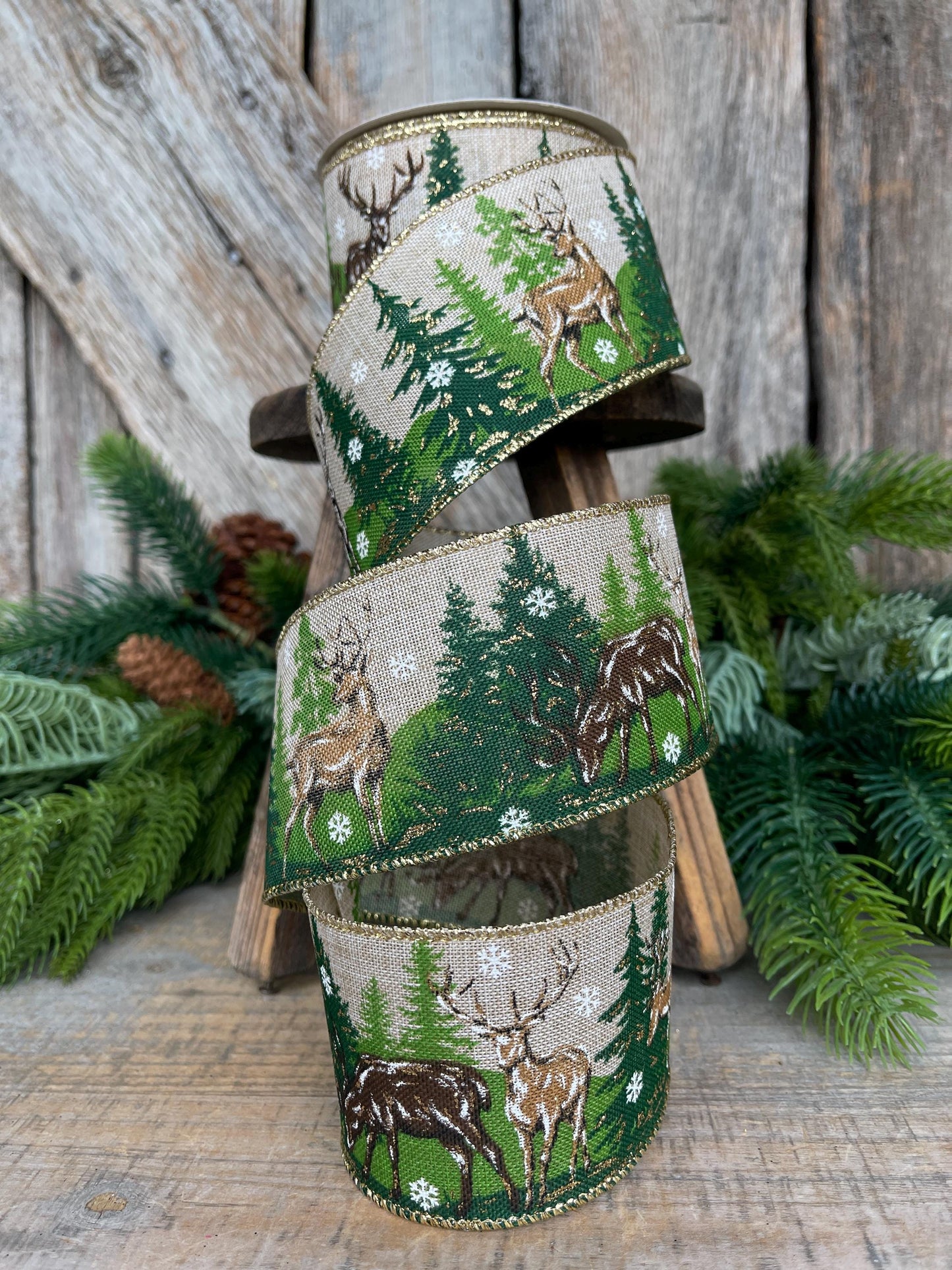 2.5" Woodsy Christmas Ribbon, Reindeer Christmas Ribbon, Pine Trees Ribbon, Wired Ribbon, Reindeer and Tree Ribbon