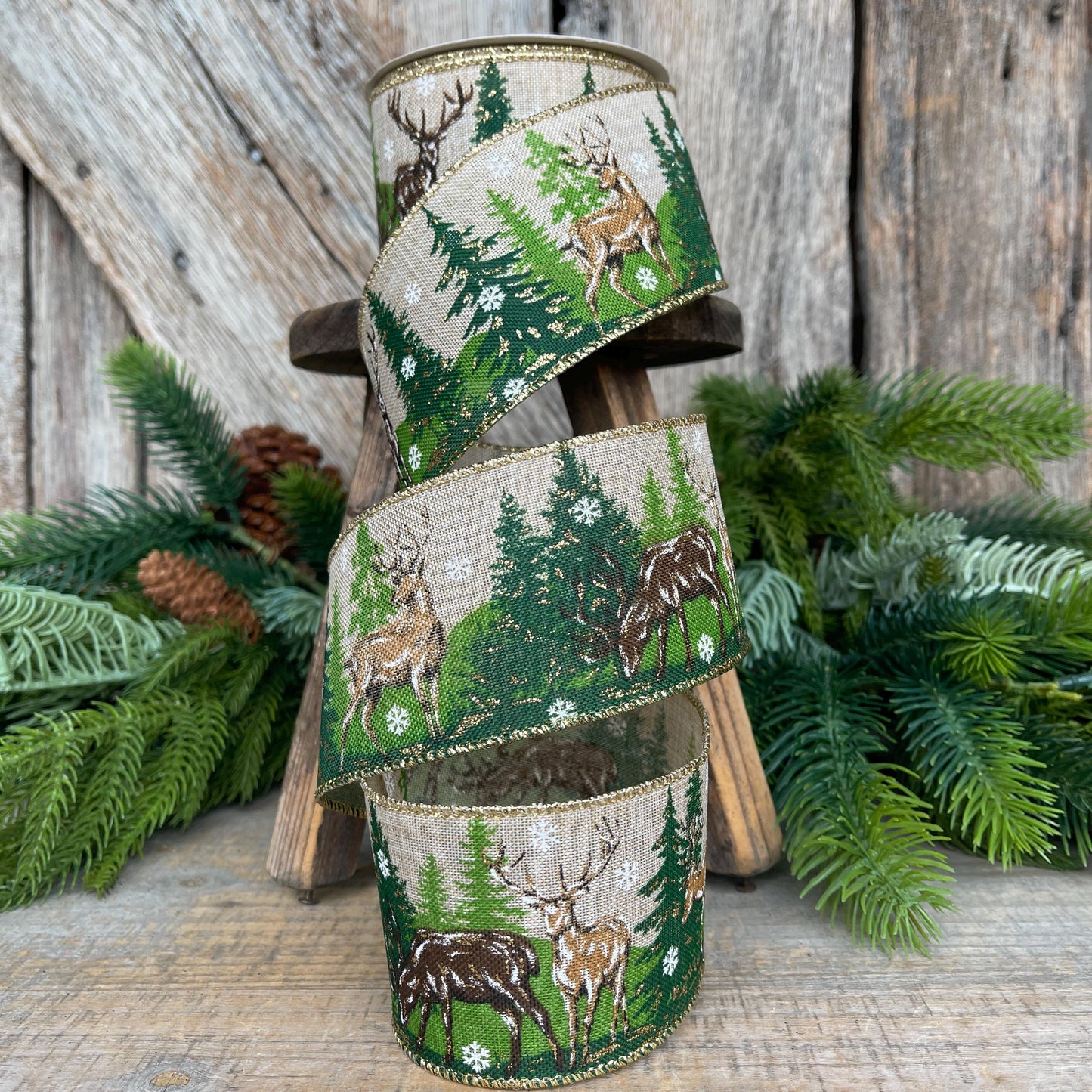 2.5" Woodsy Christmas Ribbon, Reindeer Christmas Ribbon, Pine Trees Ribbon, Wired Ribbon, Reindeer and Tree Ribbon