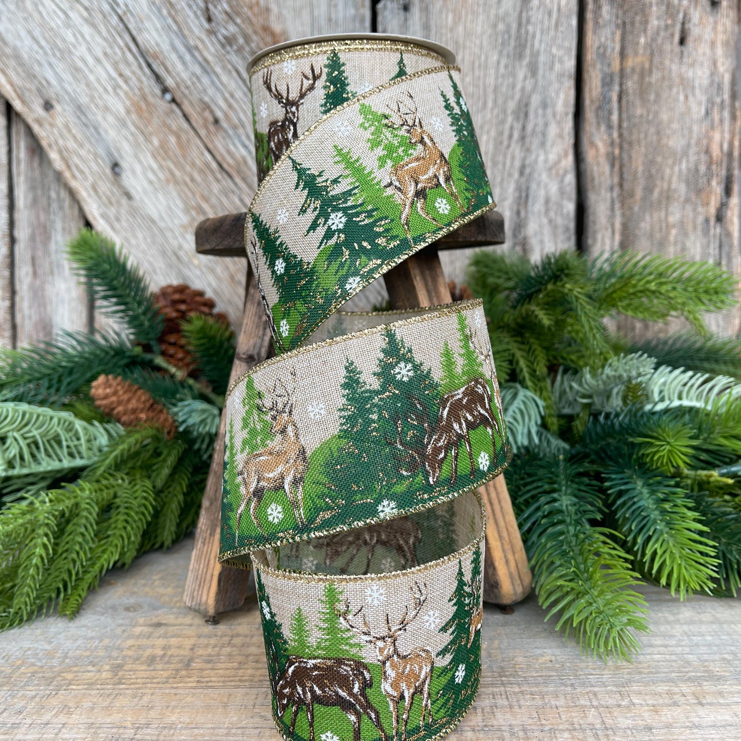 2.5" Woodsy Christmas Ribbon, Reindeer Christmas Ribbon, Pine Trees Ribbon, Wired Ribbon, Reindeer and Tree Ribbon