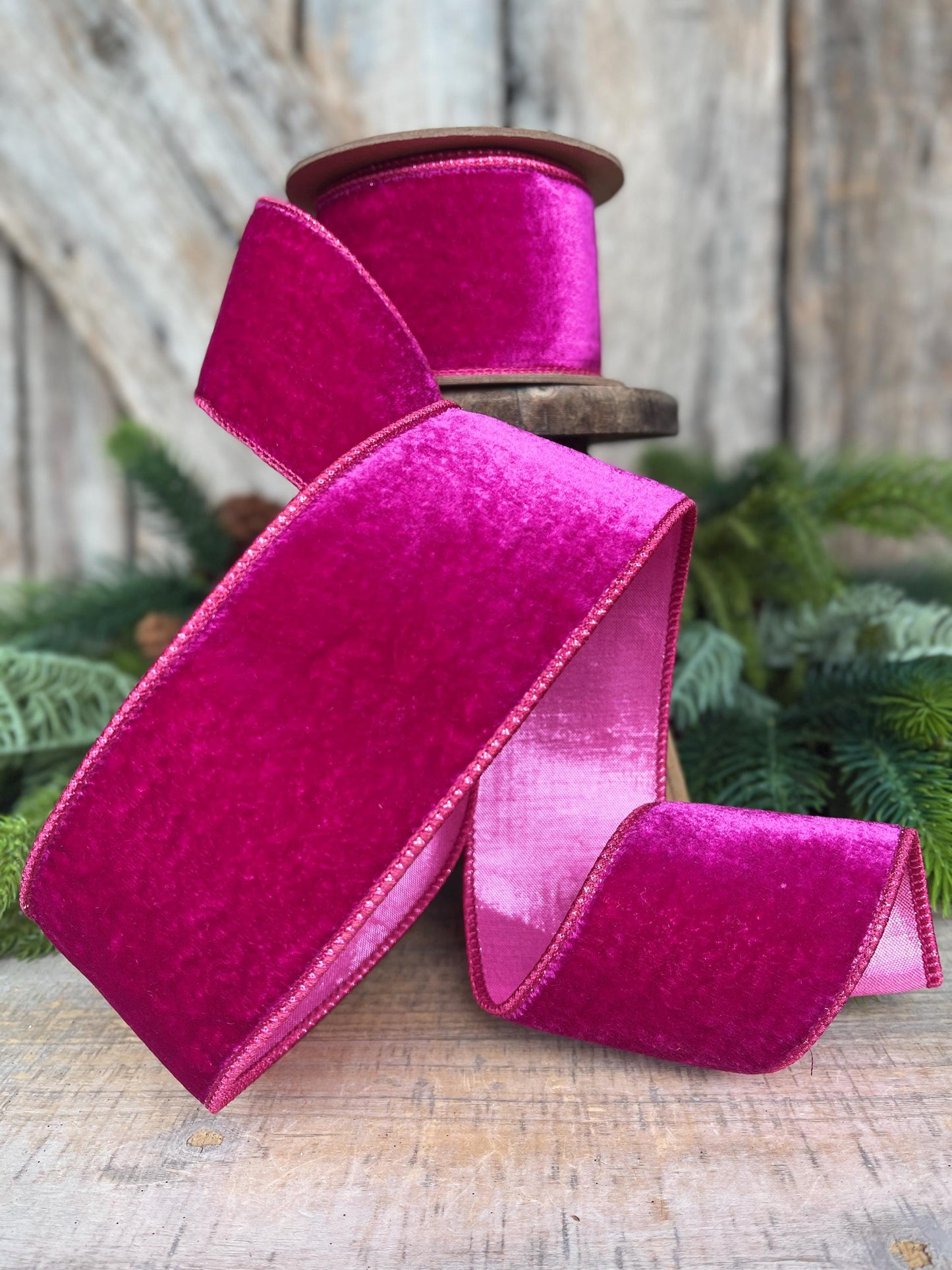 4" Hot Pink Velvet Ribbon, Wired Ribbon