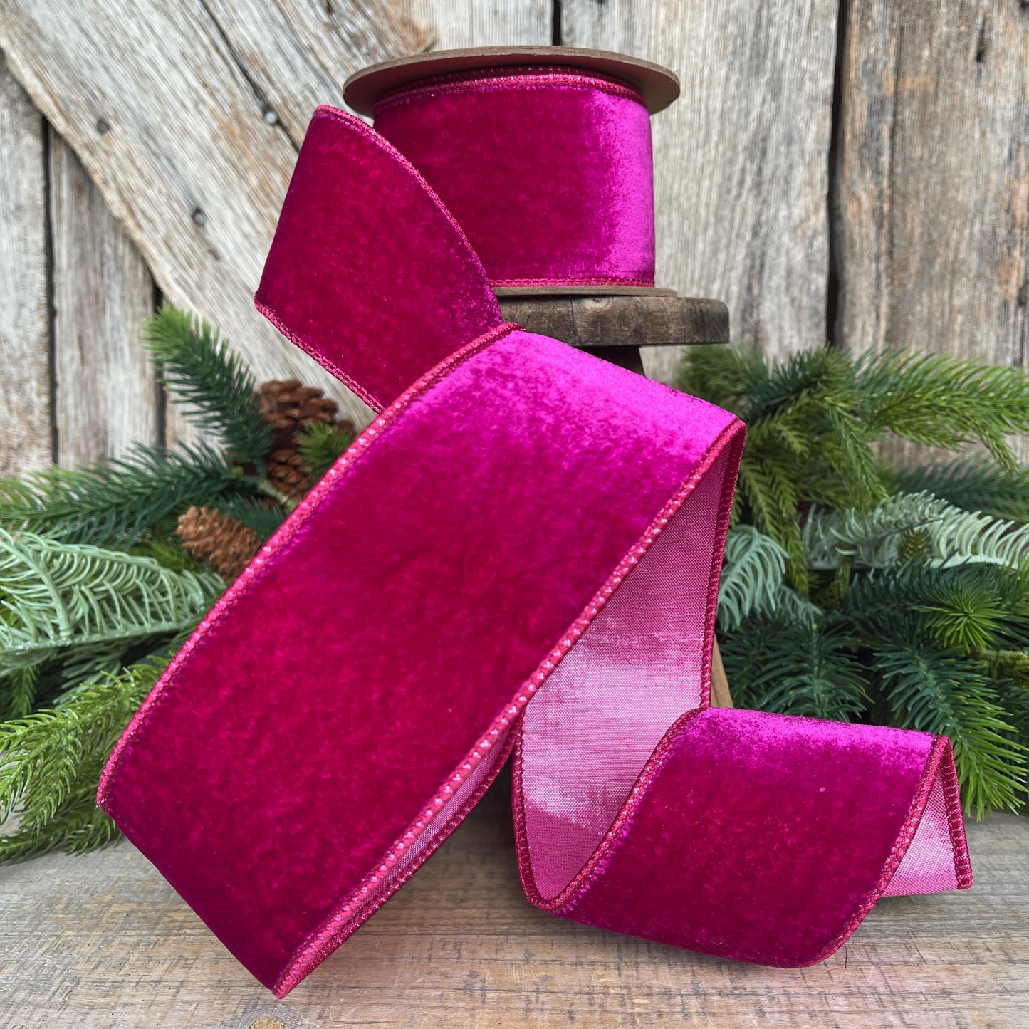 2.5" Hot Pink Velvet Ribbon, Wired Ribbon, Christmas Ribbon