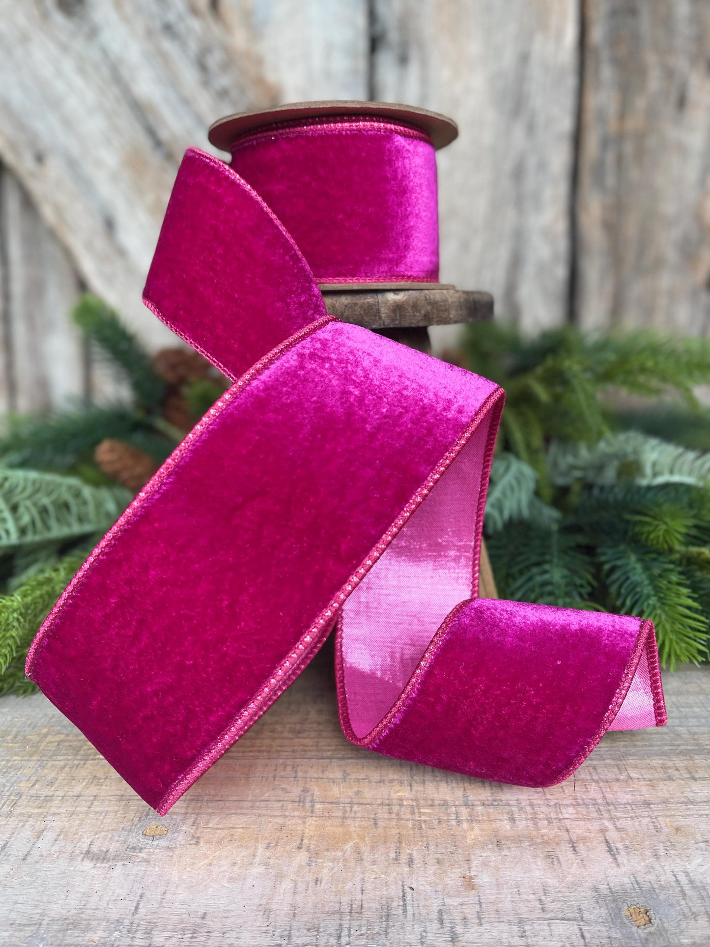 4" Hot Pink Velvet Ribbon, Wired Ribbon