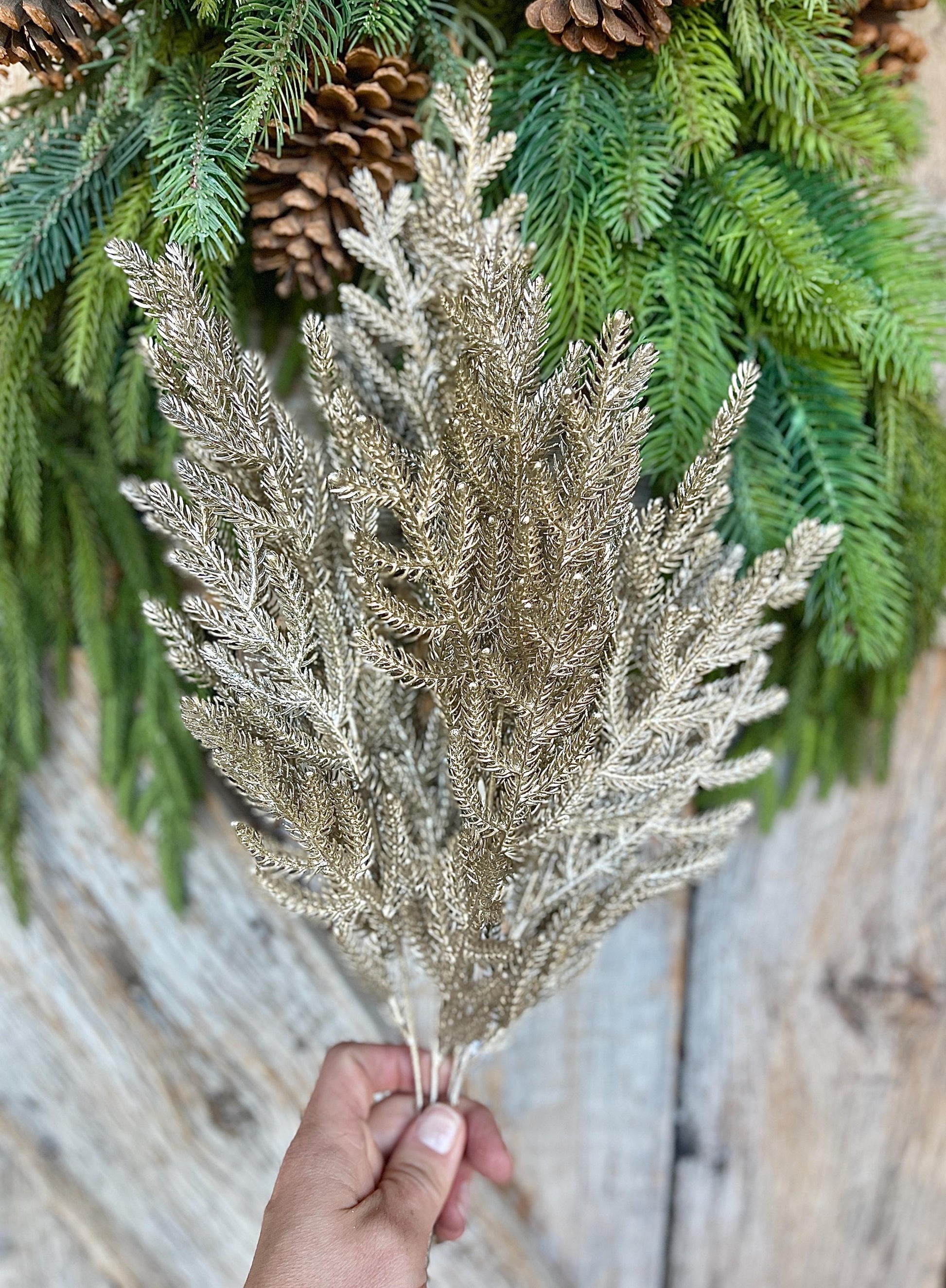 21" Champagne Gold Norfolk Pine Spray, Gold Christmas SPray, Christmas Tree Topper Spray, Gold Spray, Pine Spray, 85266-CHAMP