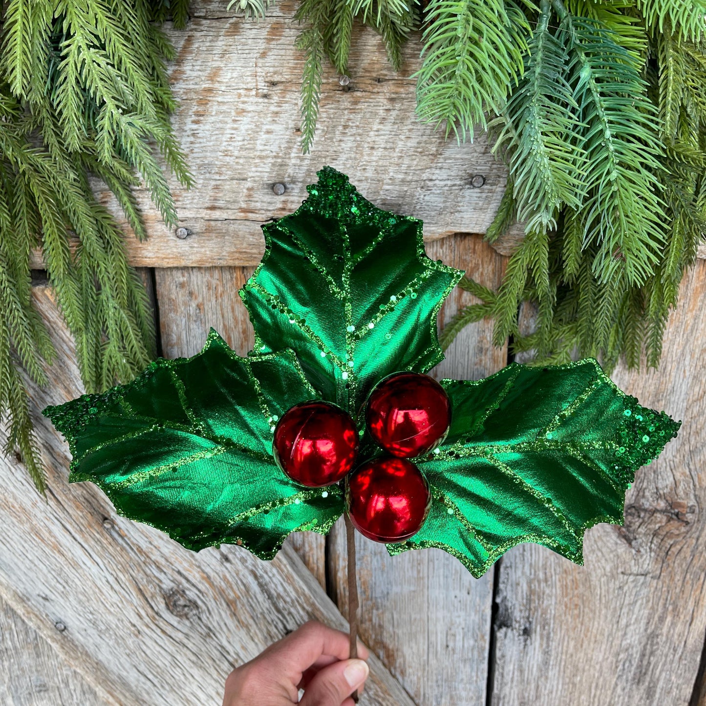 19" Green Red Holly Leaf Spray, Christmas Picks Stems, Holly Leaf Decor, Christmas Holly