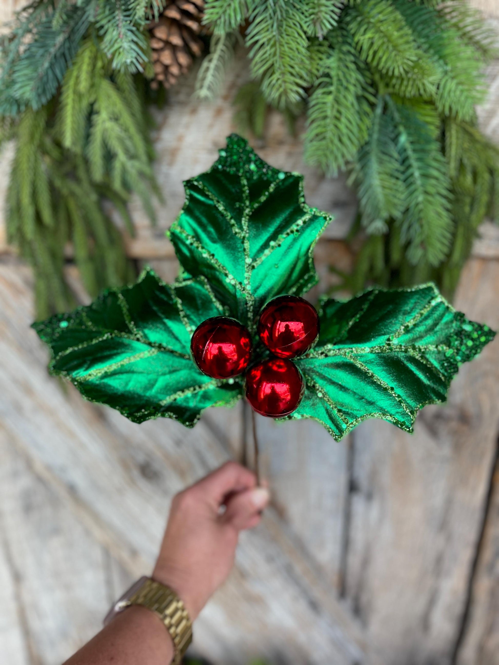 19" Green Red Holly Leaf Spray, Christmas Picks Stems, Holly Leaf Decor, Christmas Holly