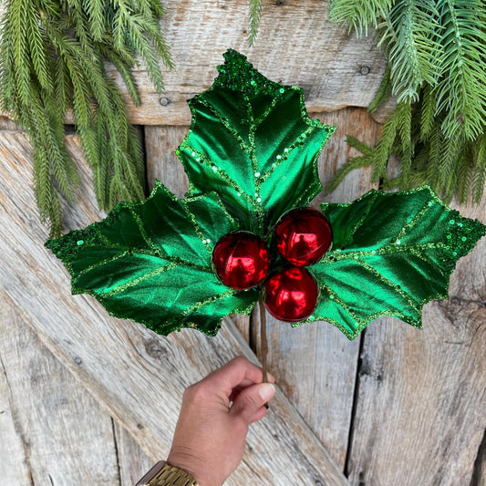 19" Green Red Holly Leaf Spray, Christmas Picks Stems, Holly Leaf Decor, Christmas Holly