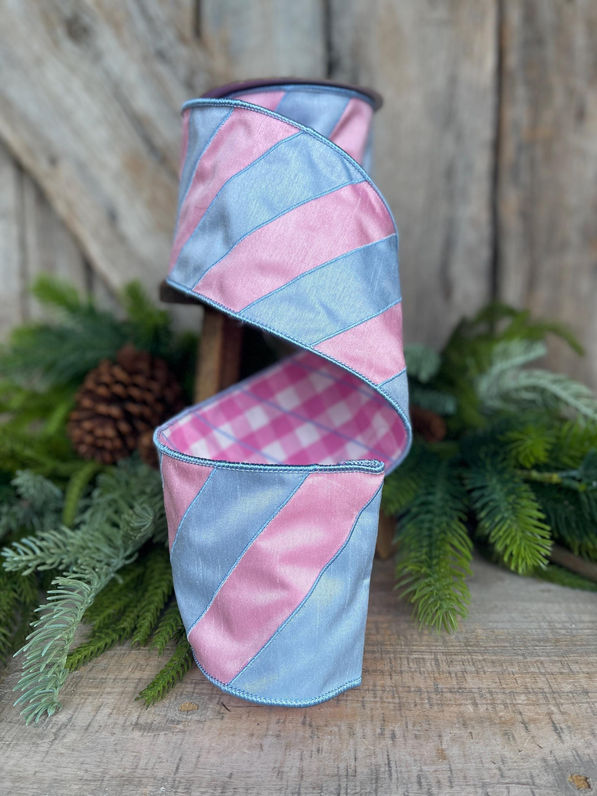 4" Pink and Blue Stripe Ribbon, Baby Blue Ribbon, Blue and Pink Diagonal Stripe Ribbon, Christmas Ribbon