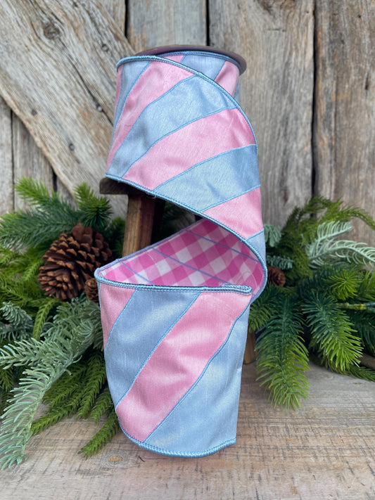 4" Pink and Blue Stripe Ribbon, Baby Blue Ribbon, Blue and Pink Diagonal Stripe Ribbon, Christmas Ribbon
