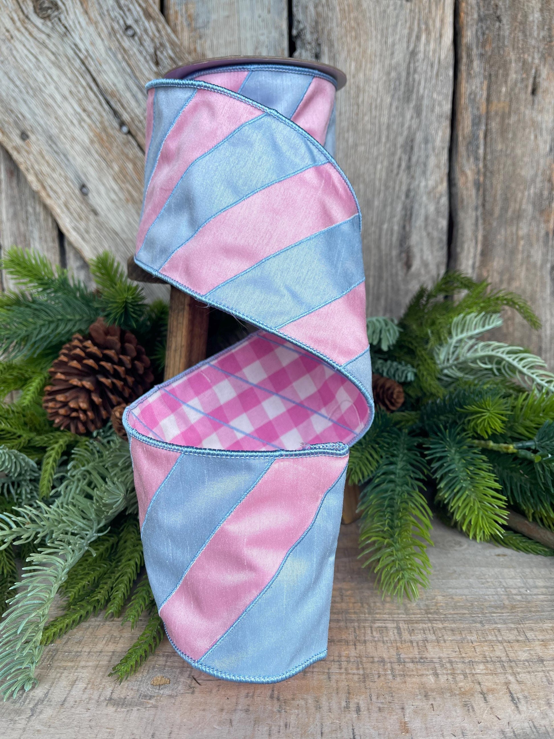 4" Pink and Blue Stripe Ribbon, Baby Blue Ribbon, Blue and Pink Diagonal Stripe Ribbon, Christmas Ribbon