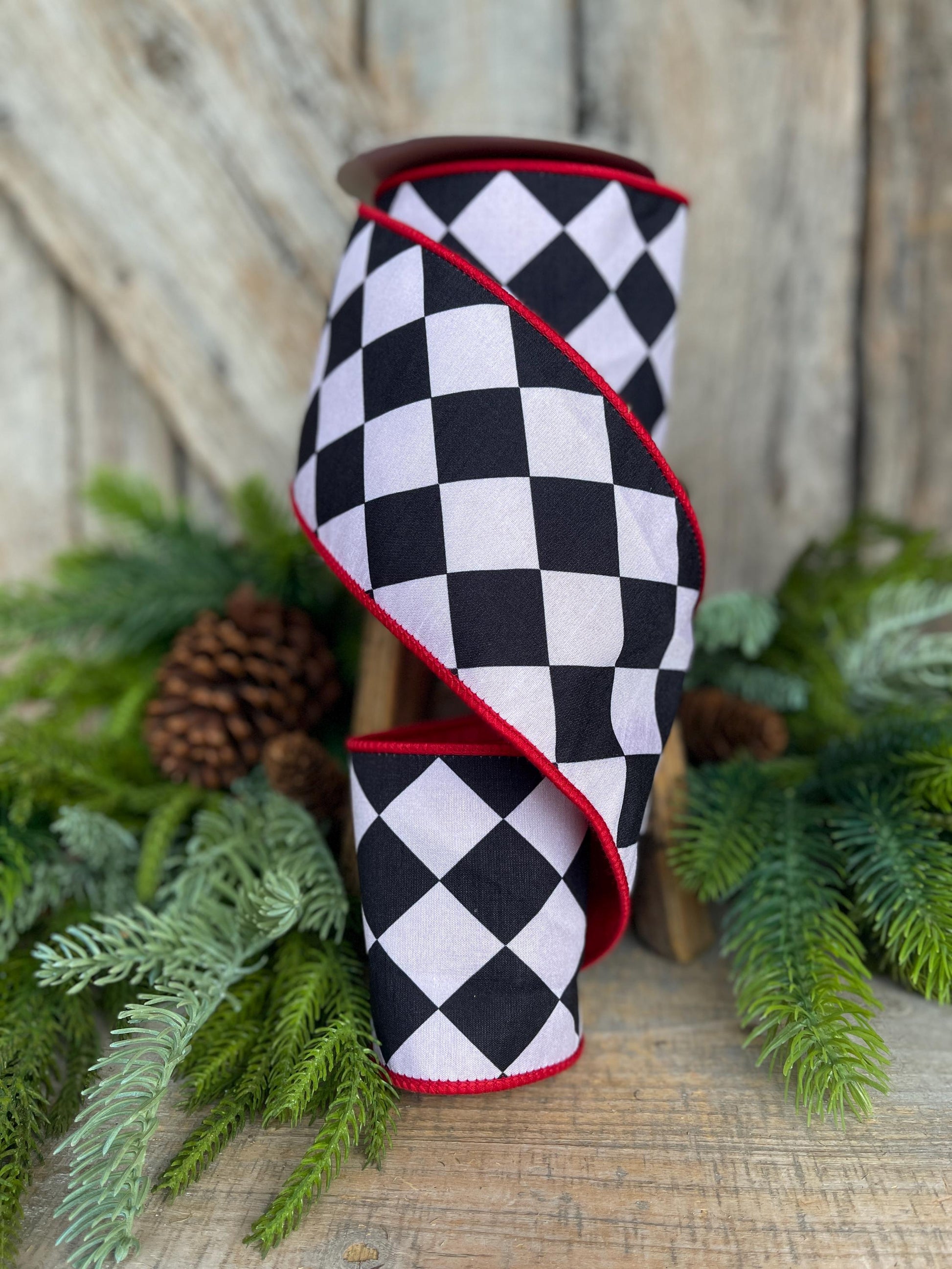 4" Harlequin ribbon, Black and White Jester Ribbon, Black White Red RIbbon, Wired RIbbon, Christmas Ribbon, Christmas Tree Ribbon