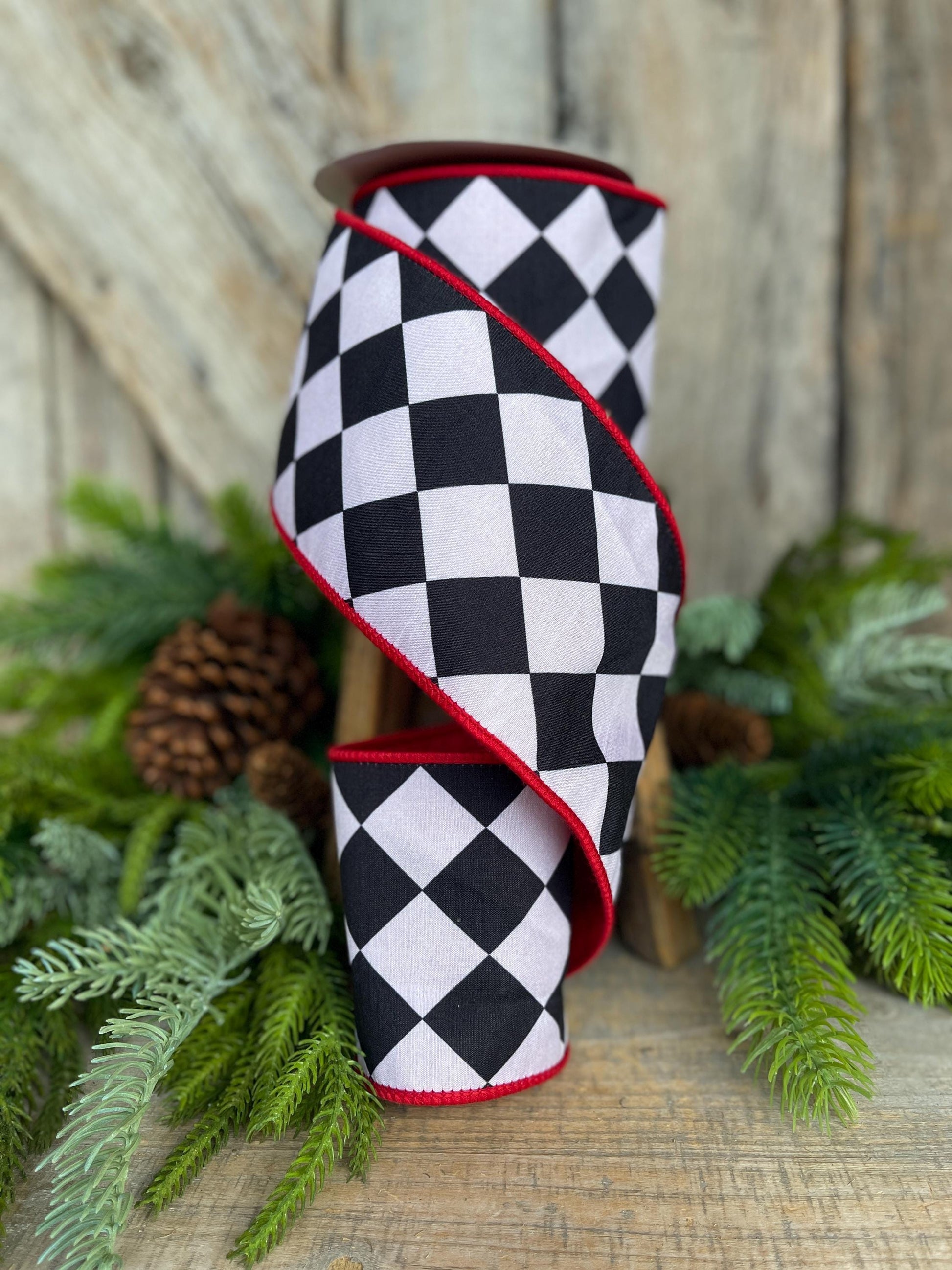 4" Harlequin ribbon, Black and White Jester Ribbon, Black White Red RIbbon, Wired RIbbon, Christmas Ribbon, Christmas Tree Ribbon