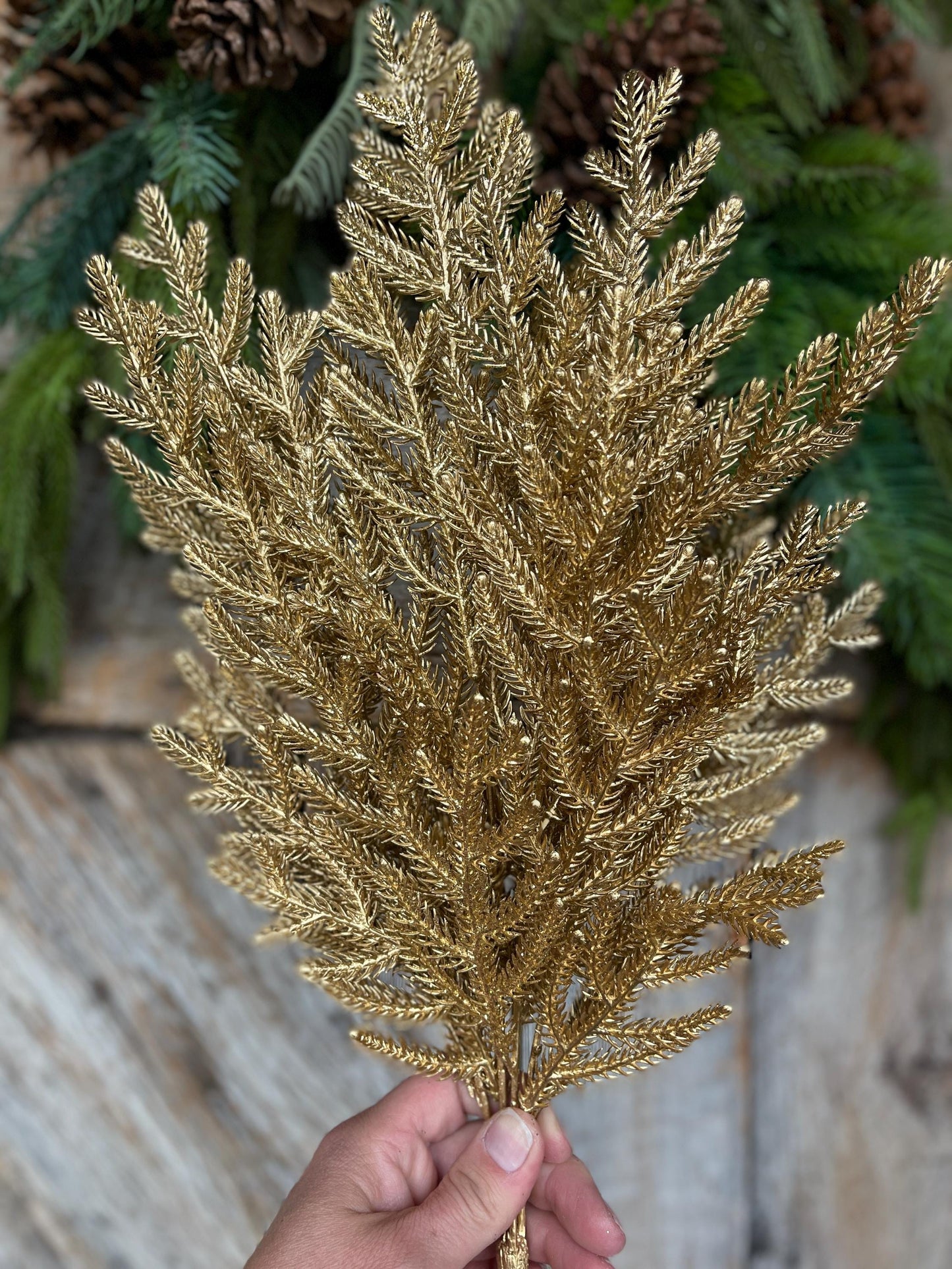 26" Gold Norfolk Pine Spray, Gold Christmas SPray, Christmas Tree Topper Spray