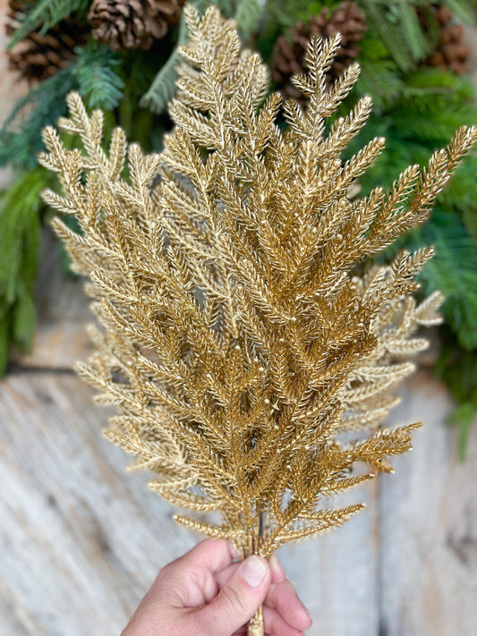 26" Gold Norfolk Pine Spray, Gold Christmas SPray, Christmas Tree Topper Spray