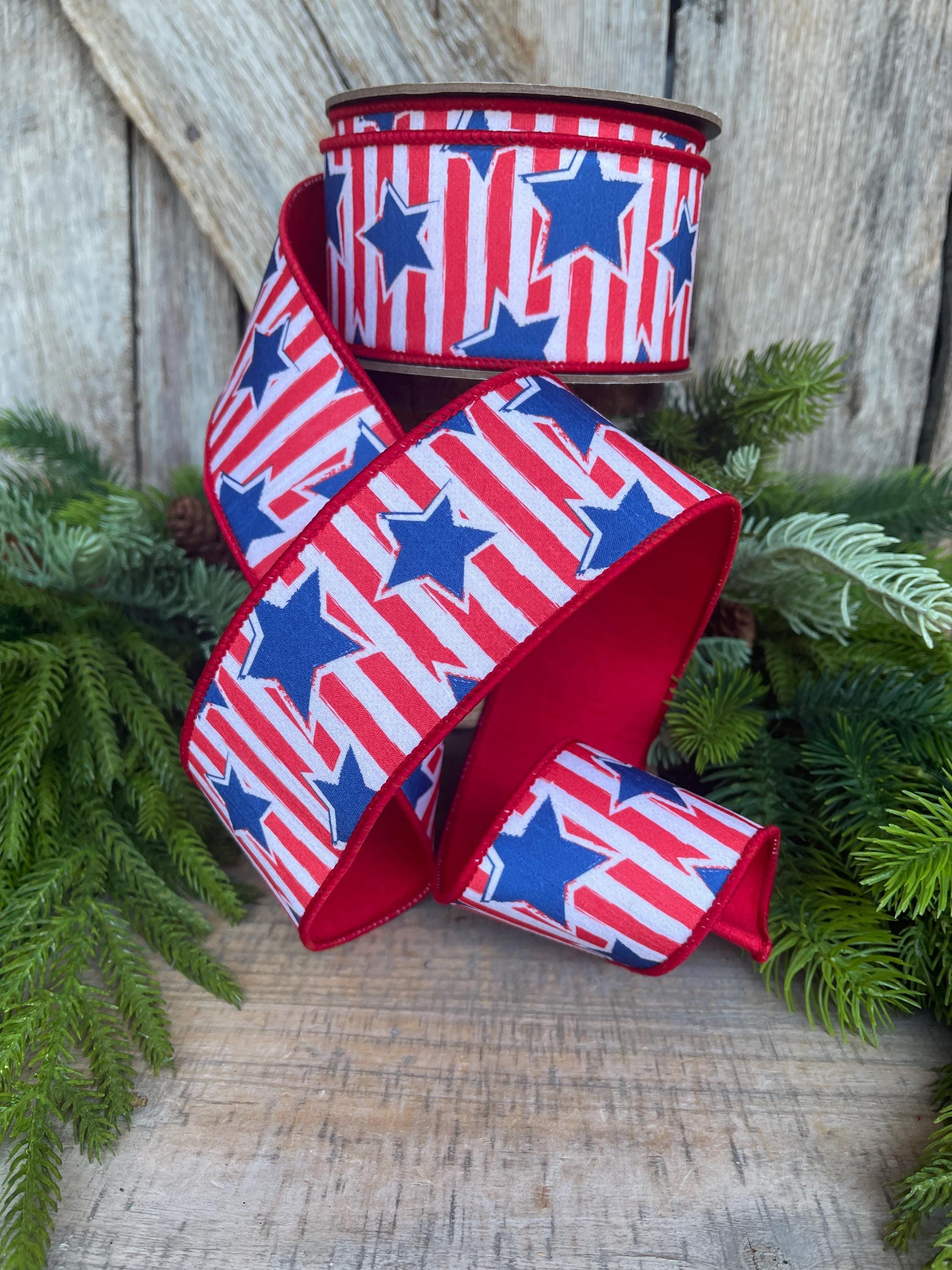 2.5" Patriotic Ribbon, Patriotic Wired Ribbon, Stars & Stripes Ribbon