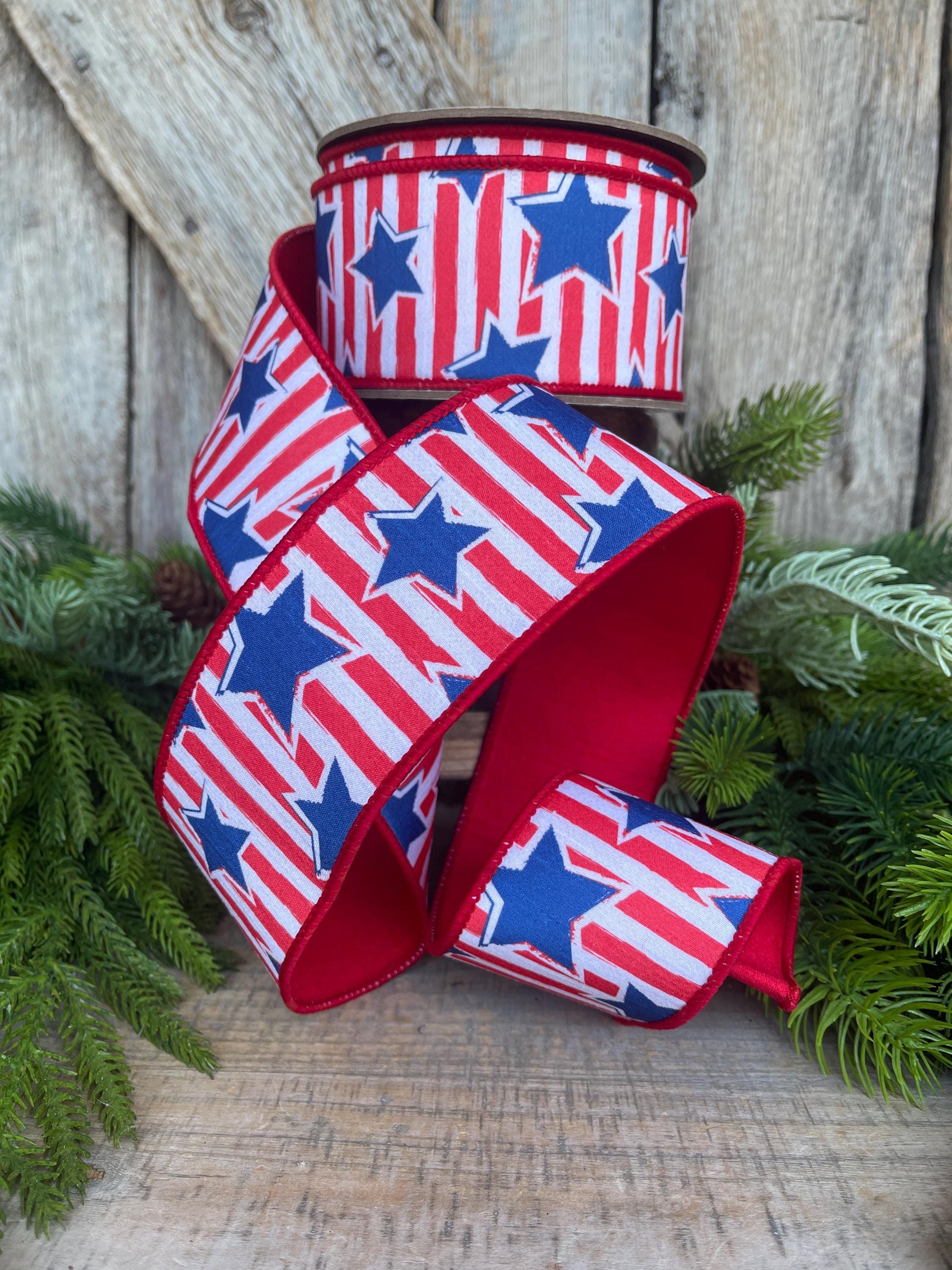2.5" Patriotic Ribbon, Patriotic Wired Ribbon, Stars & Stripes Ribbon