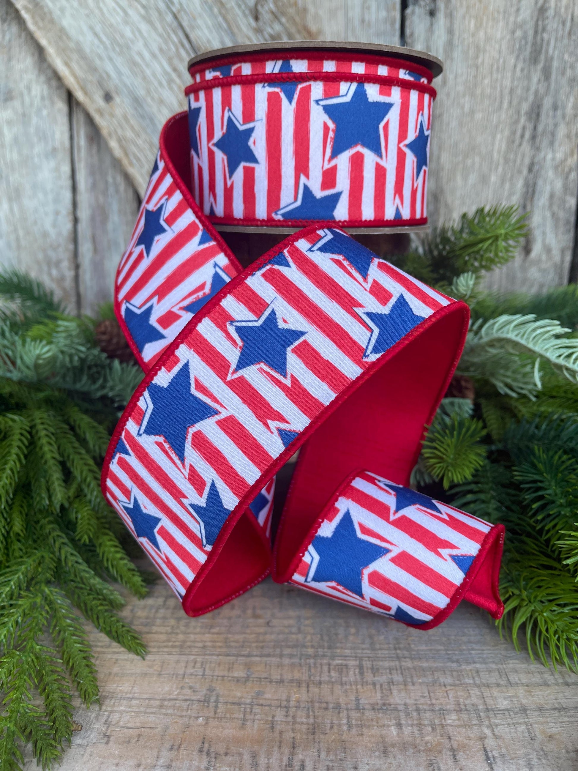 2.5" Patriotic Ribbon, Patriotic Wired Ribbon, Stars & Stripes Ribbon