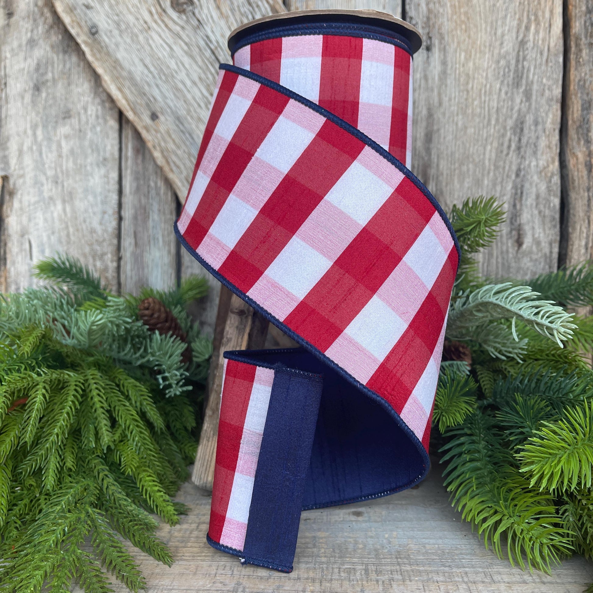 4" Patriotic Plaid Ribbon, D Stevens Ribbon, Red white blue check ribbon