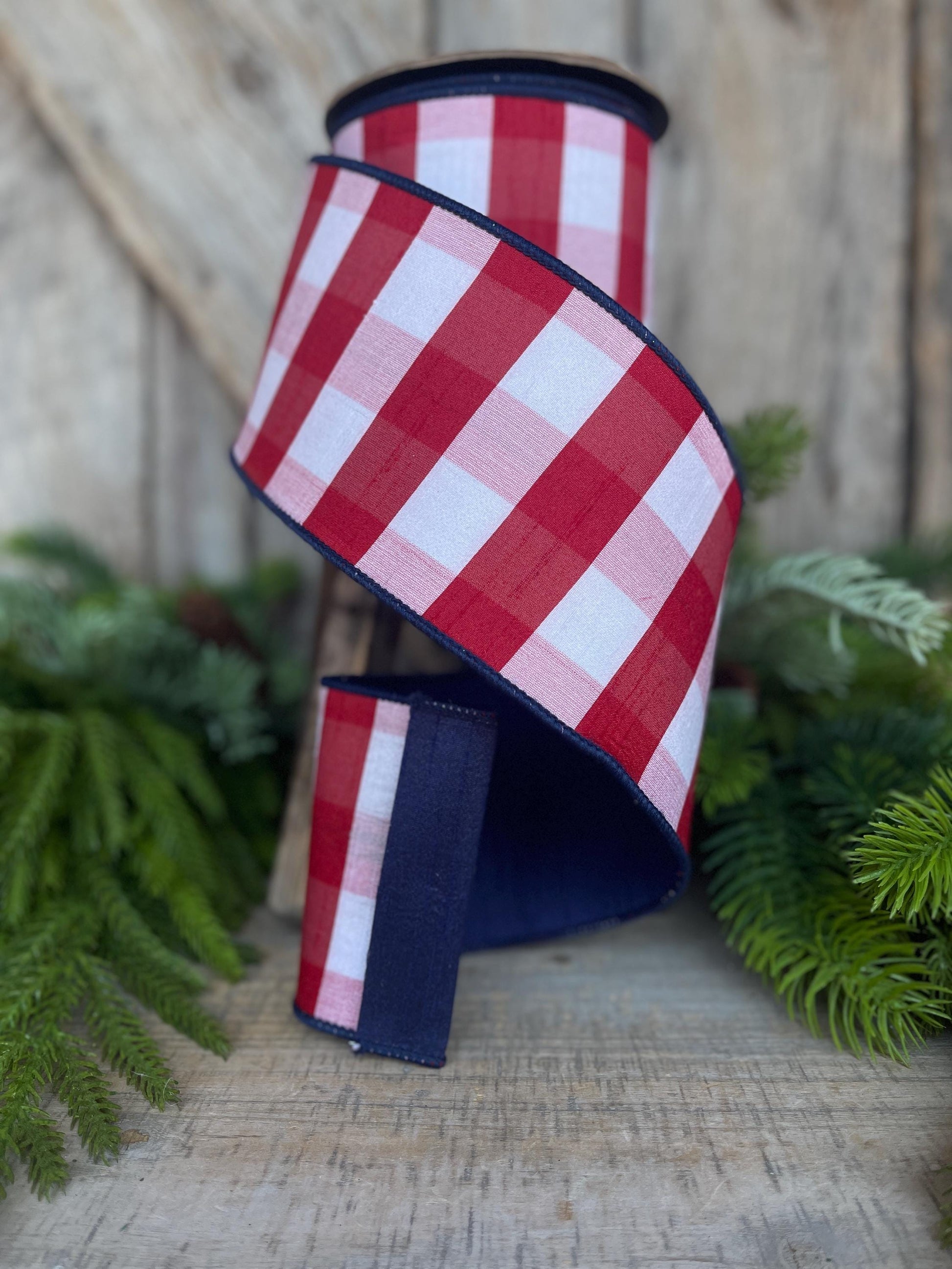 4" Patriotic Plaid Ribbon, D Stevens Ribbon, Red white blue check ribbon