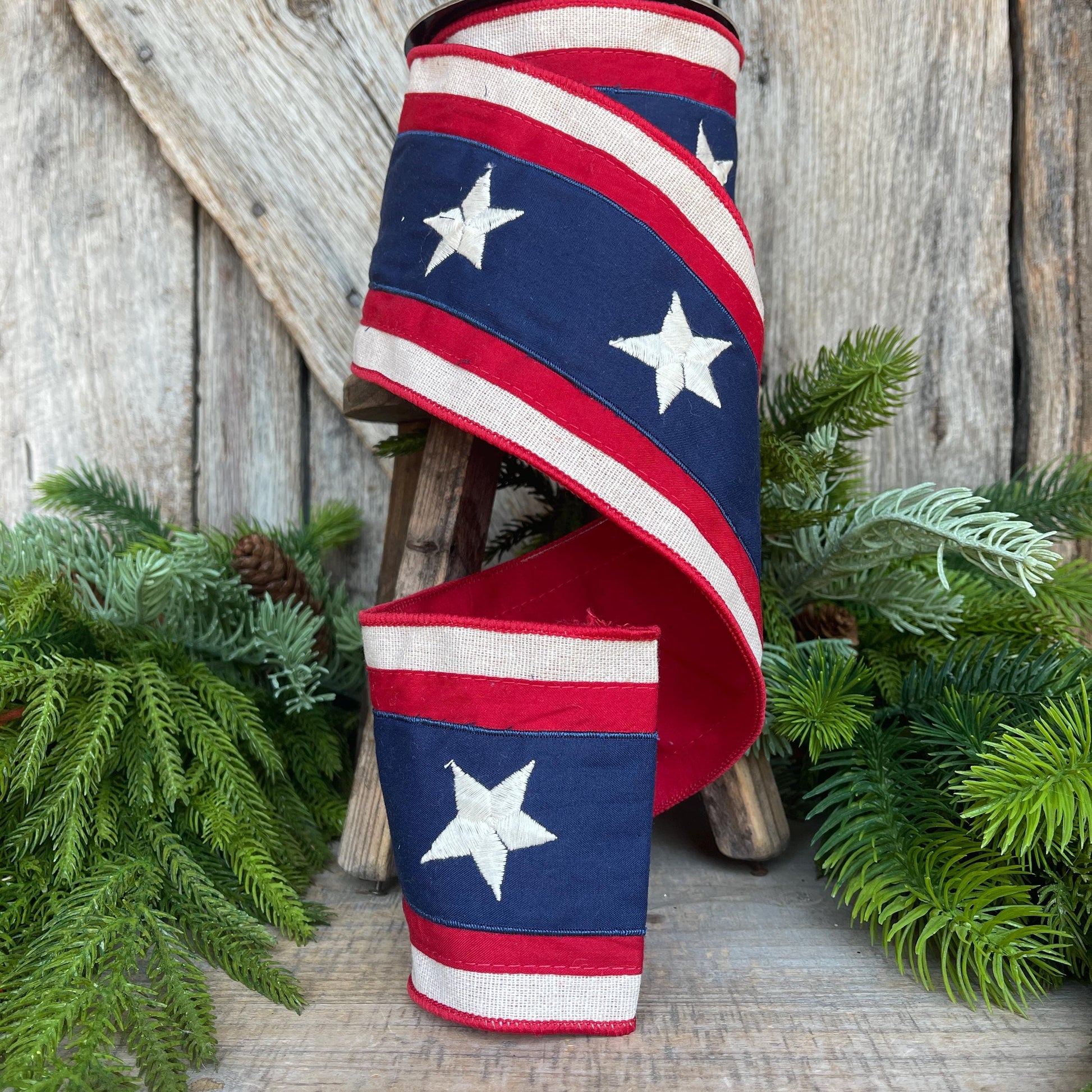 4" Patriotic Plaid Ribbon, D Stevens Ribbon, Stars Stripes Ribbon