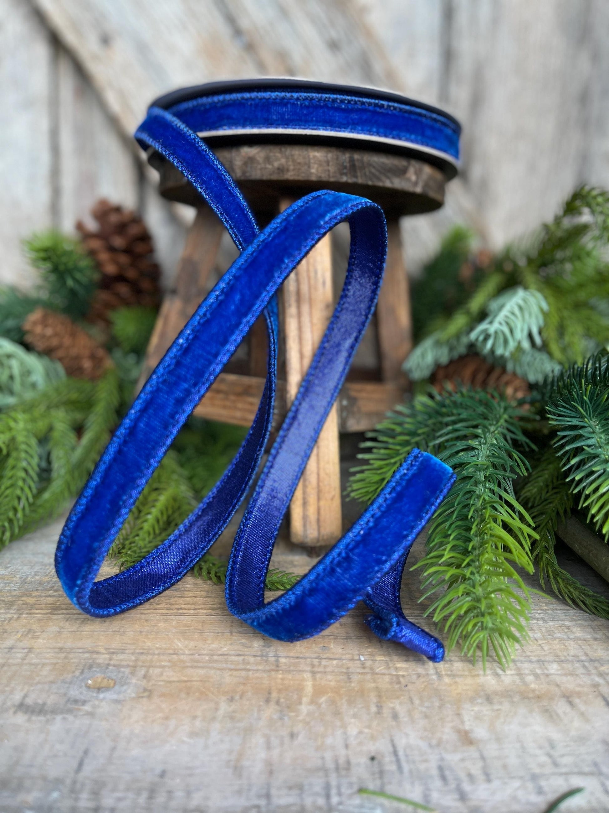 3/4" Blue Velvet Luster Wired Ribbon, Farrisilk Ribbon, Velvet Ribbon