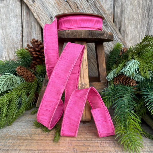 1" Pink Dupioni Ribbon, Wired Ribbon, Bubblegum Pink Ribbon, Skinny Ribbon, Ribbon for Bows, Pink Ribbon, Christmas Ribbon