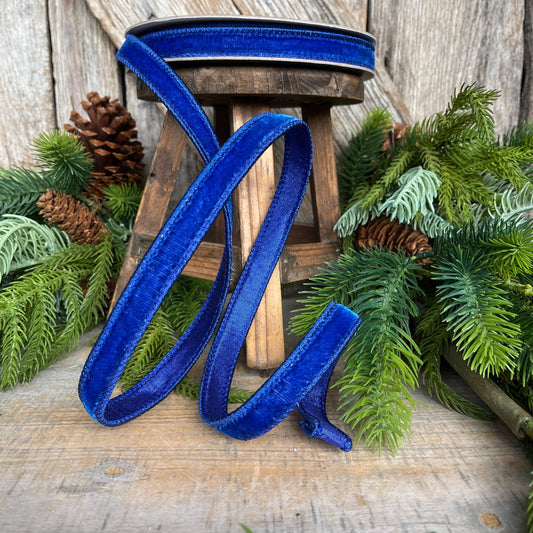 3/4" Blue Velvet Luster Wired Ribbon, Farrisilk Ribbon, Velvet Ribbon