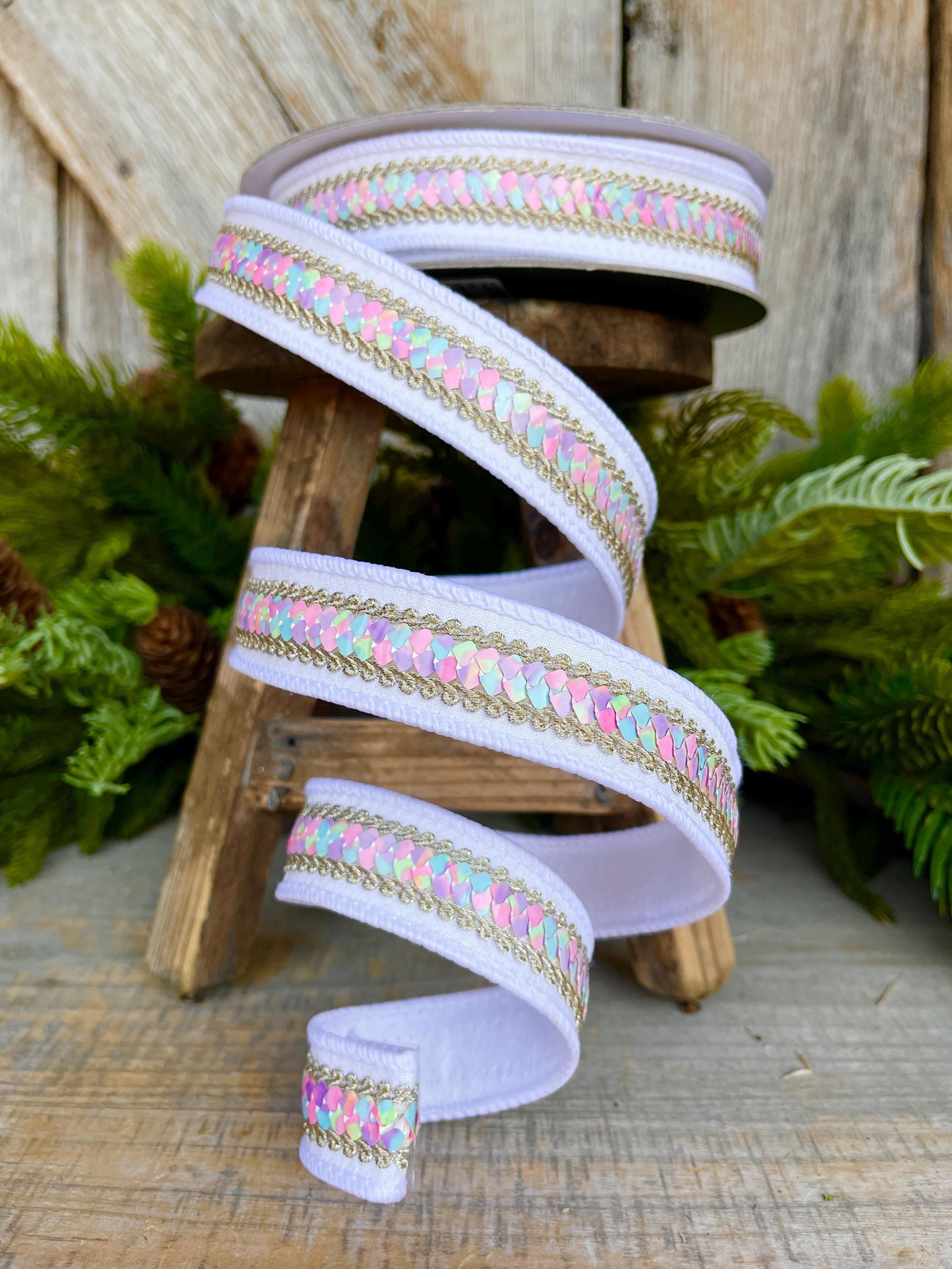1" White Pastel Sequin Ribbon, Farrisilk Ribbon, Sequin RIbbon