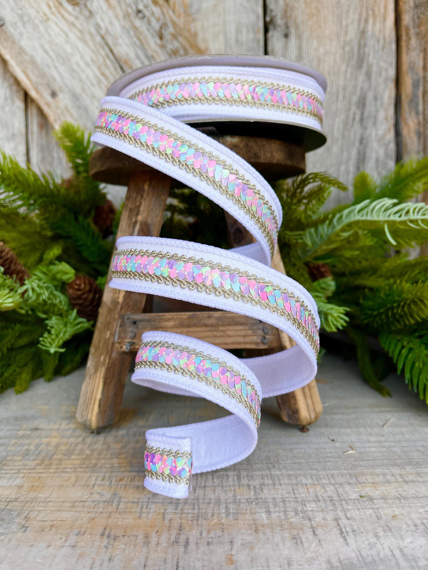 1" White Pastel Sequin Ribbon, Farrisilk Ribbon, Sequin RIbbon, Pastel Ribbon, Candy Ribbon, Heart Strings Ribbon, Christmas Ribbon,SR106-43