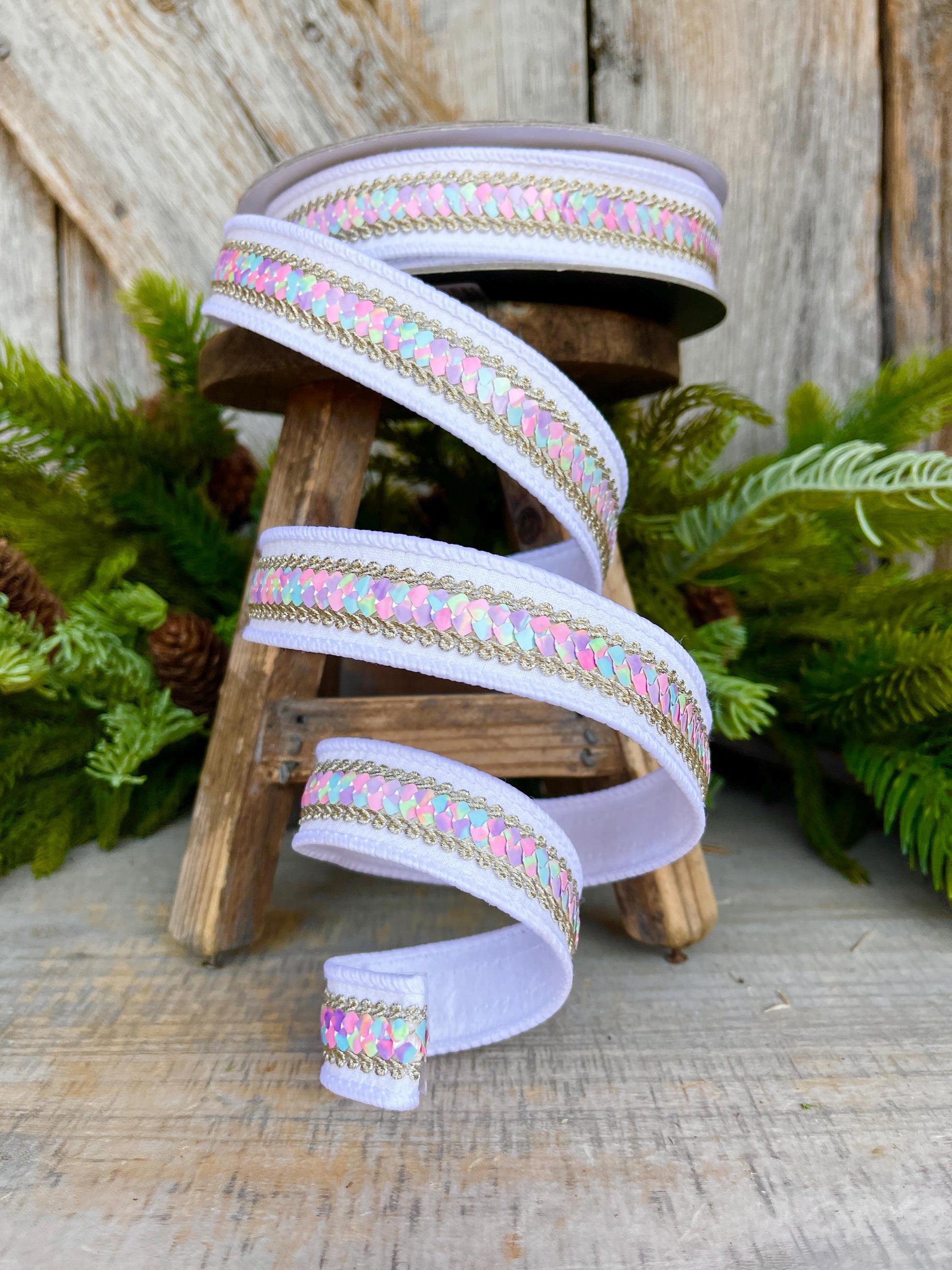 1" White Pastel Sequin Ribbon, Farrisilk Ribbon, Sequin RIbbon, Pastel Ribbon, Candy Ribbon, Heart Strings Ribbon, Christmas Ribbon,SR106-43