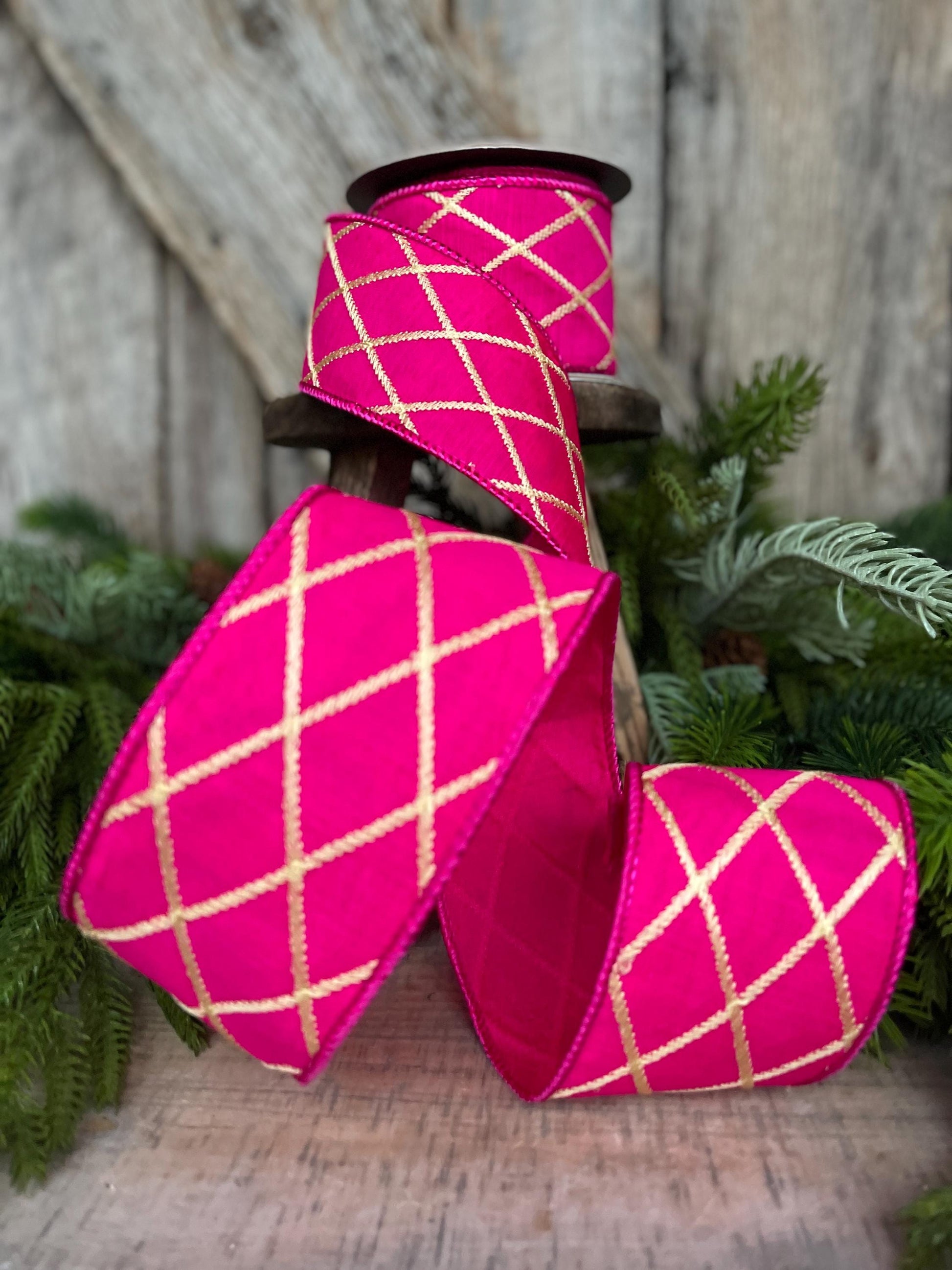 2.5" Hot Pink Gold Lattice Ribbon, Hot Pink Ribbon, Hot Pink Christmas Ribbon