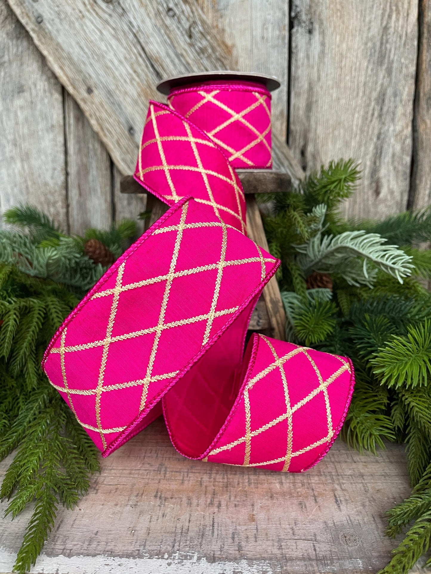 2.5" Hot Pink Gold Lattice Ribbon, Hot Pink Ribbon, Hot Pink Christmas Ribbon