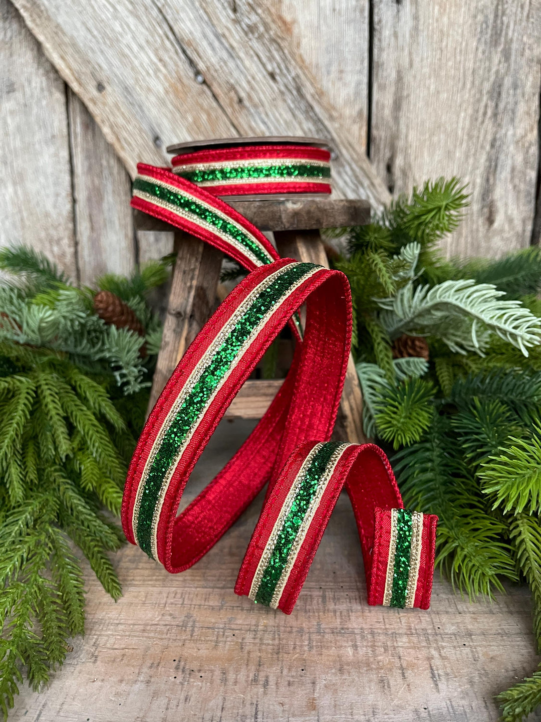 1" Red Green Gold Ribbon, Christmas ribbon, Green Red RIbbon