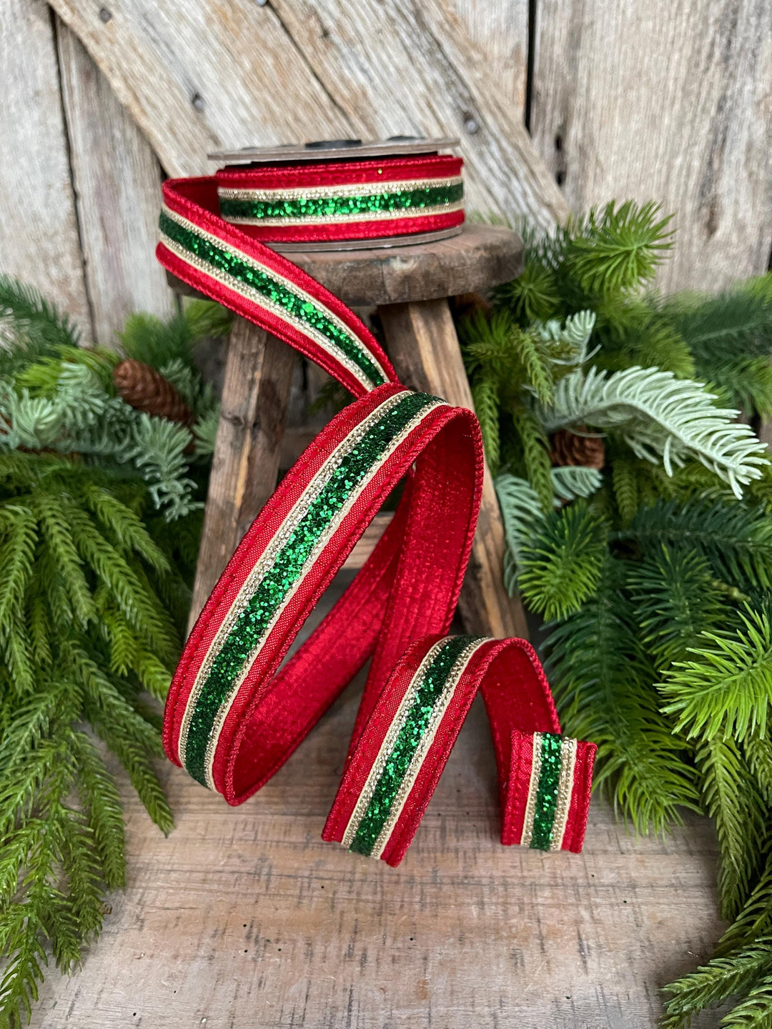 1" Red Green Gold Ribbon, Christmas ribbon, Green Red RIbbon