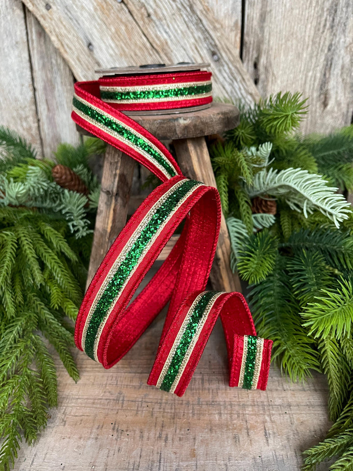 1" Red Green Gold Ribbon, Christmas ribbon, Green Red RIbbon