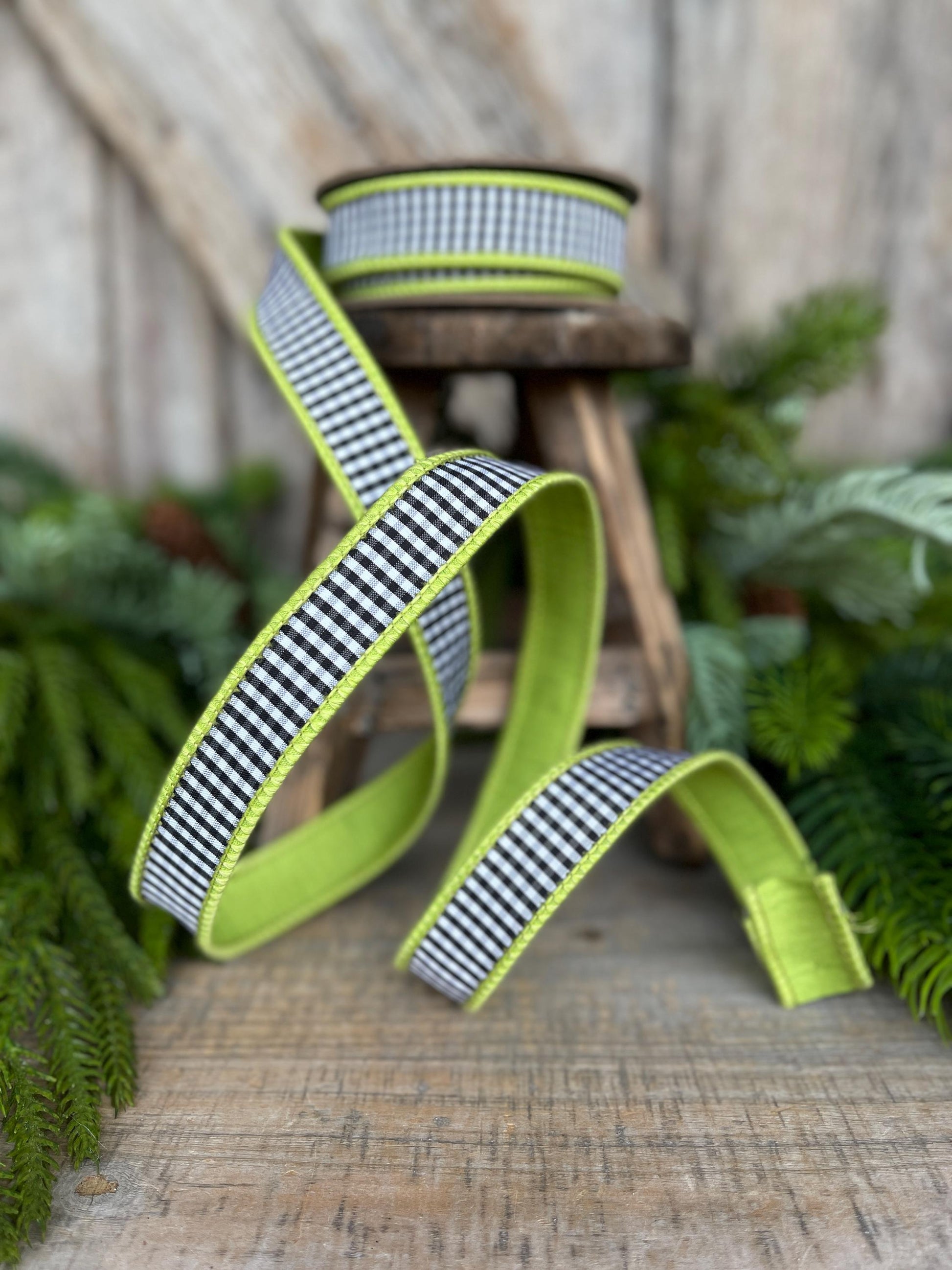 1" Lime Green & Black White Mini Checkered Ribbon, D Stevens Ribbon, Check Ribbon, Narrow Ribbon, Designer RIbbon, Wreath Supply,87-1637