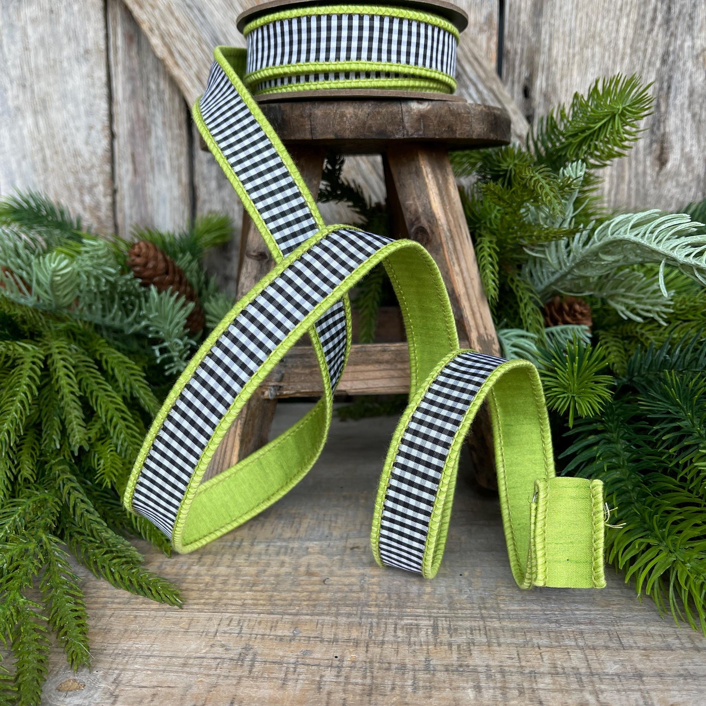 1" Lime Green & Black White Mini Checkered Ribbon, D Stevens Ribbon, Check Ribbon, Narrow Ribbon, Designer RIbbon, Wreath Supply,87-1637