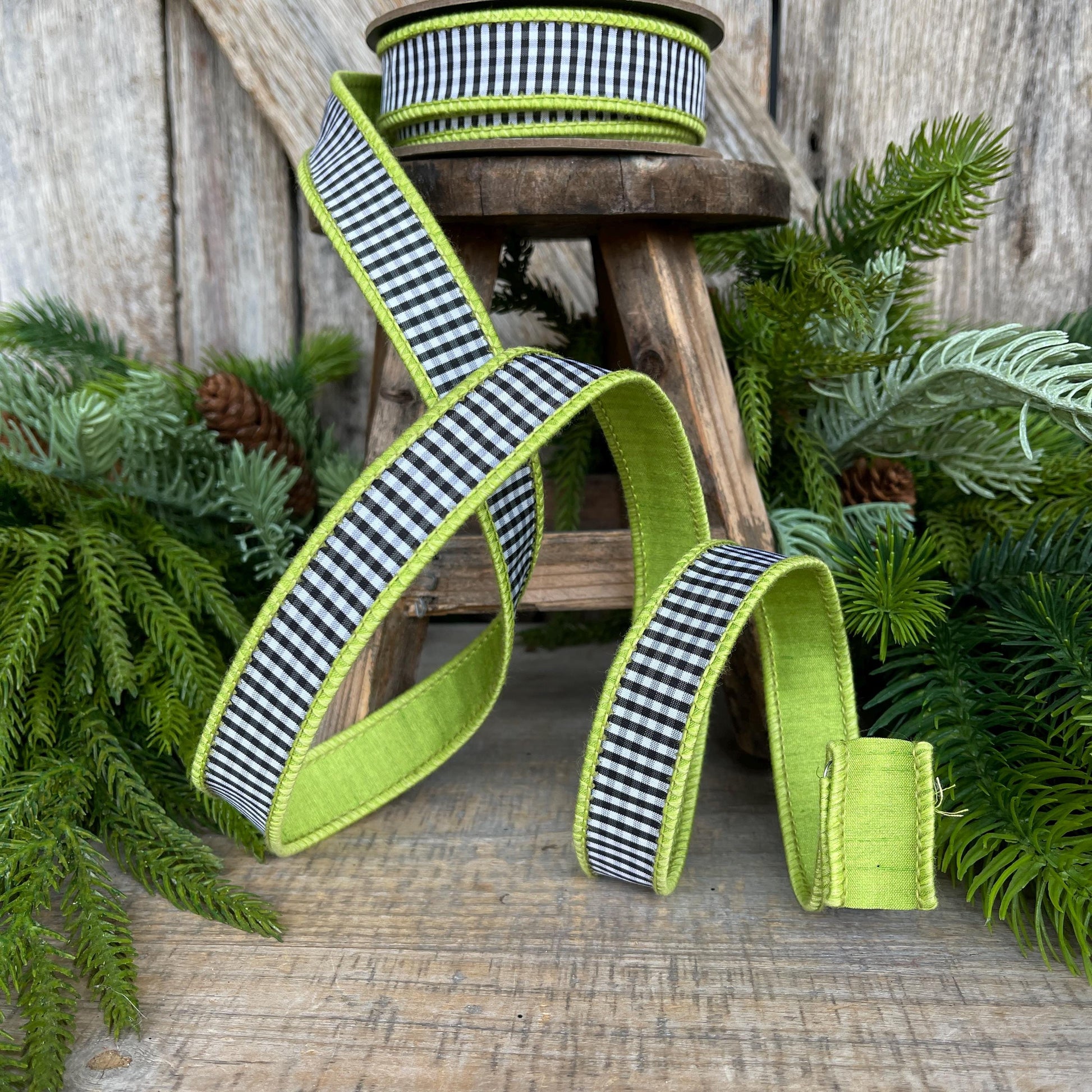 1" Lime Green & Black White Mini Checkered Ribbon, D Stevens Ribbon, Check Ribbon, Narrow Ribbon, Designer RIbbon, Wreath Supply,87-1637