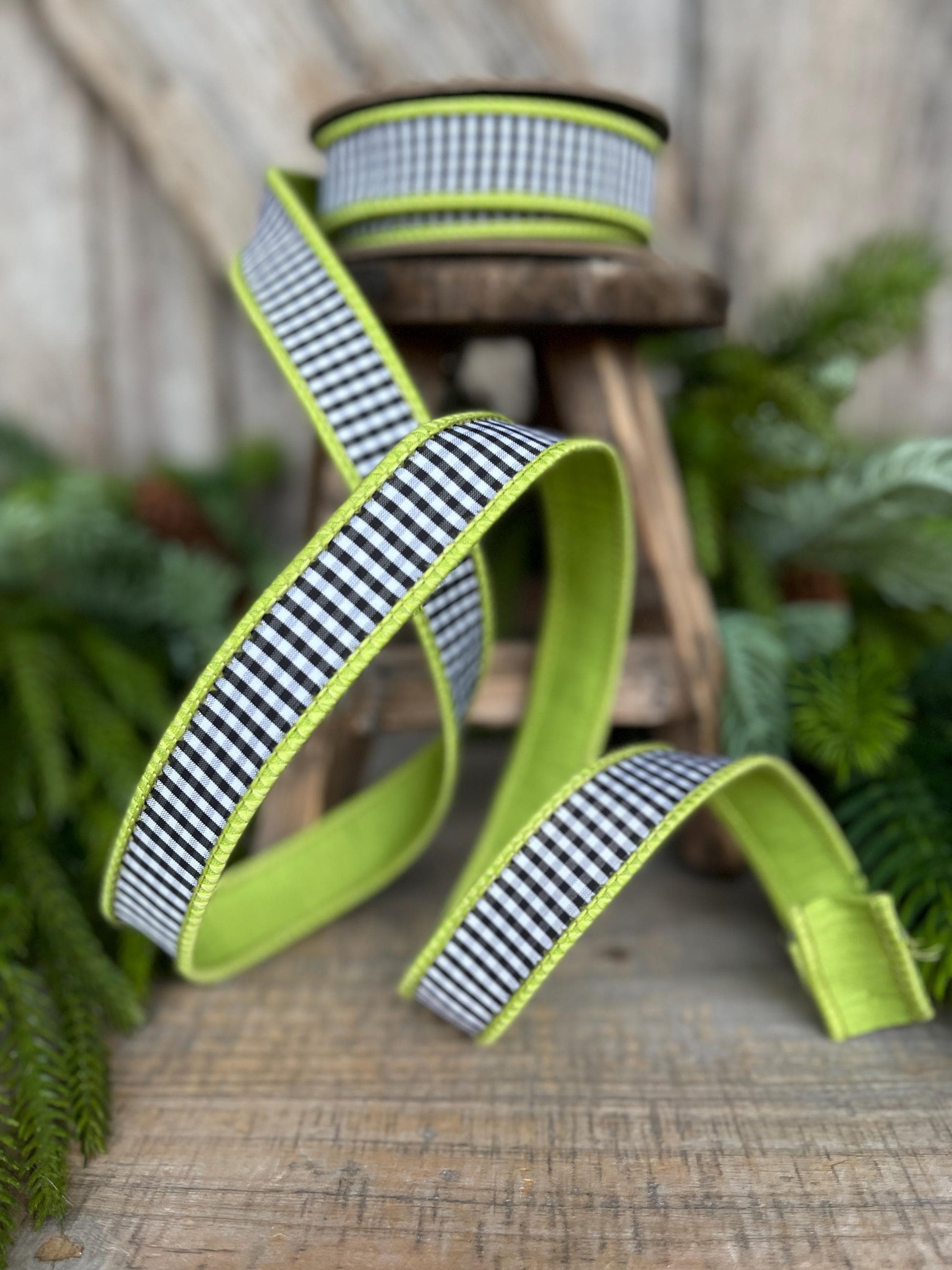 1" Lime Green & Black White Mini Checkered Ribbon, D Stevens Ribbon, Check Ribbon, Narrow Ribbon, Designer RIbbon, Wreath Supply,87-1637