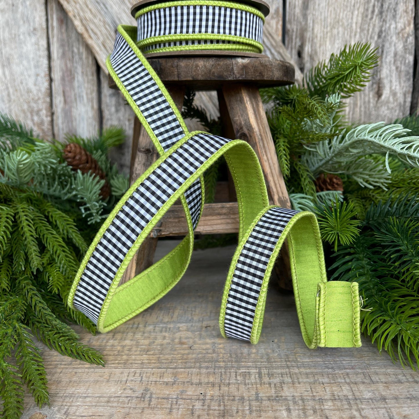 1" Lime Green & Black White Mini Checkered Ribbon, D Stevens Ribbon, Check Ribbon, Narrow Ribbon, Designer RIbbon, Wreath Supply,87-1637
