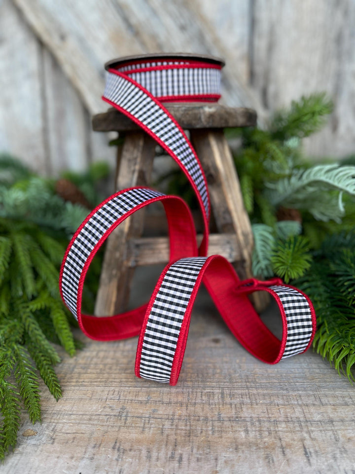 1" Red &amp; Black White Mini Checkered Ribbon, Check Ribbon, Narrow Ribbon