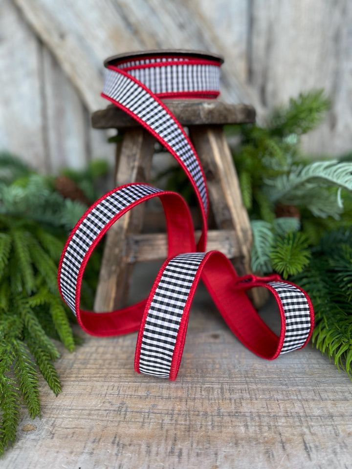 1" Red &amp; Black White Mini Checkered Ribbon, Check Ribbon, Narrow Ribbon