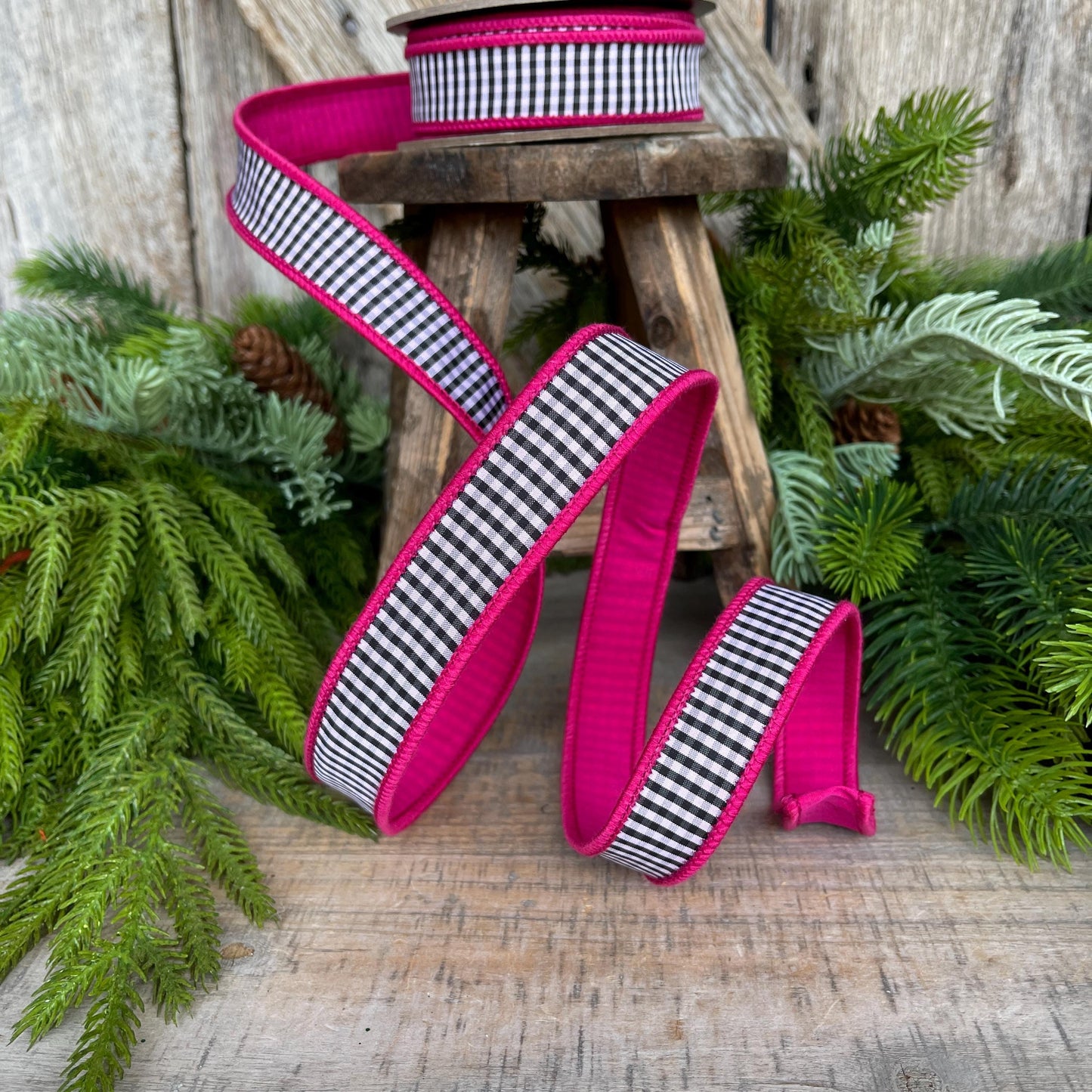 1" Hot Pink & Black White Mini Checkered Ribbon, D Stevens Ribbon, Check Ribbon, Narrow Ribbon, Designer RIbbon, Wreath Supply, 87-1643