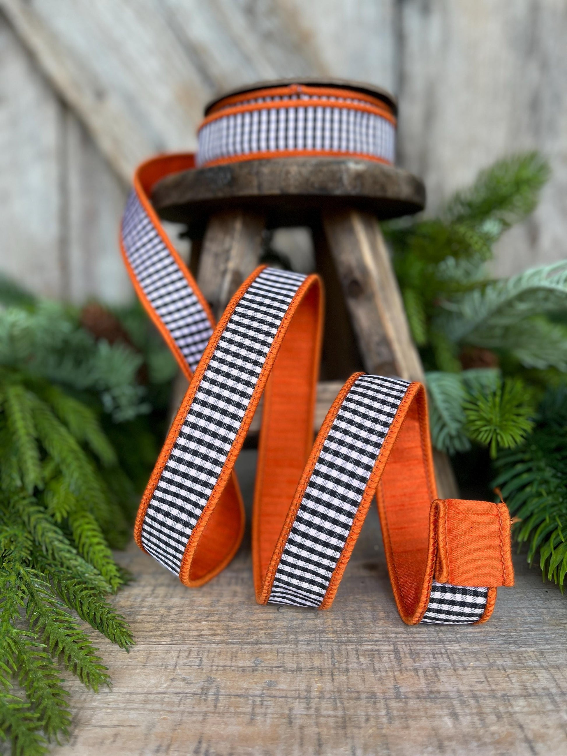 1" Orange & Black White Mini Checkered Ribbon, D Stevens Ribbon, Fall Check Ribbon, Narrow Ribbon, Designer RIbbon, Wreath Supply, 87-1635