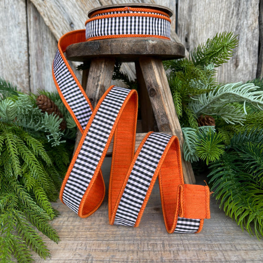 1" Orange & Black White Mini Checkered Ribbon, D Stevens Ribbon, Fall Check Ribbon, Narrow Ribbon, Designer RIbbon, Wreath Supply, 87-1635