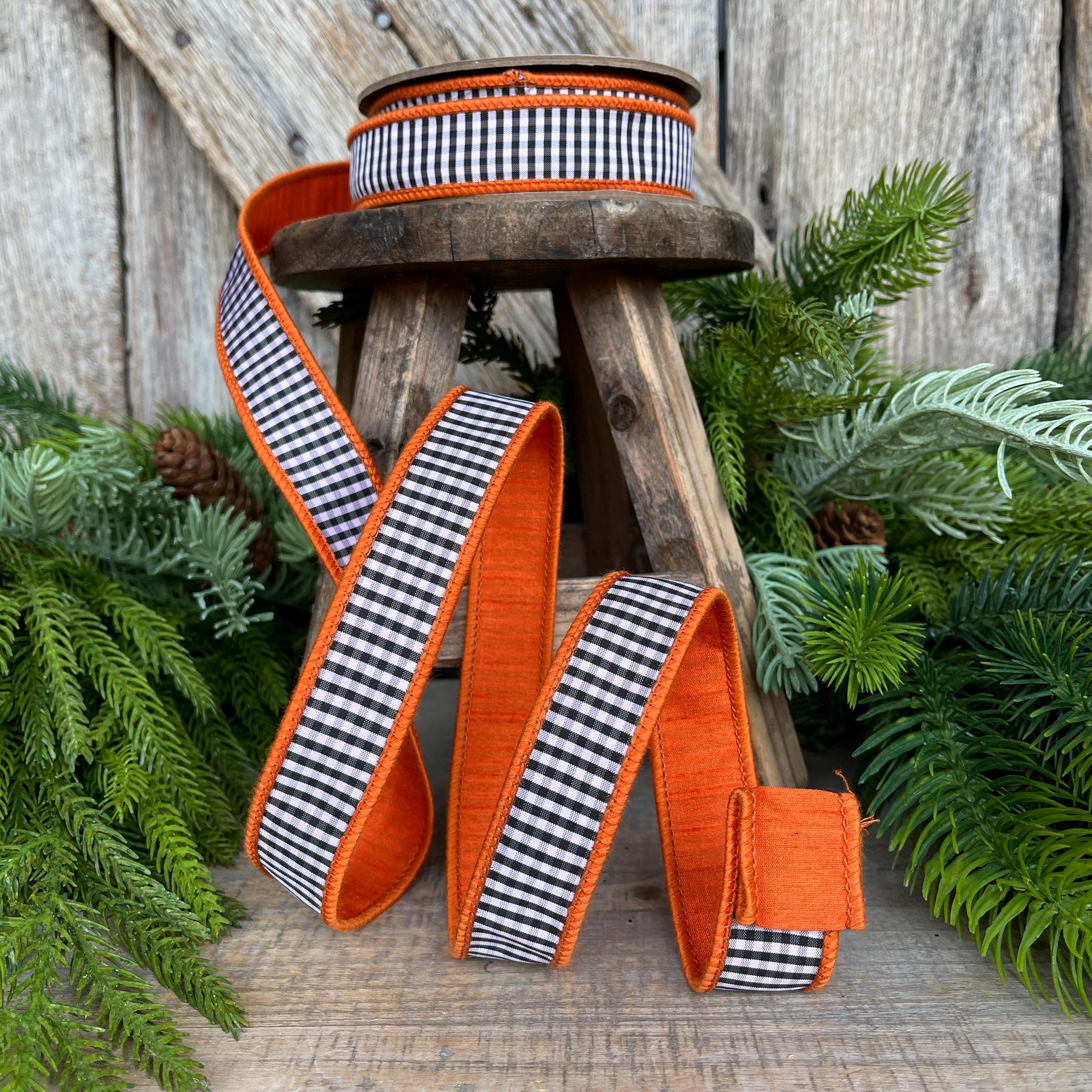 1" Orange & Black White Mini Checkered Ribbon, D Stevens Ribbon, Fall Check Ribbon, Narrow Ribbon, Designer RIbbon, Wreath Supply, 87-1635