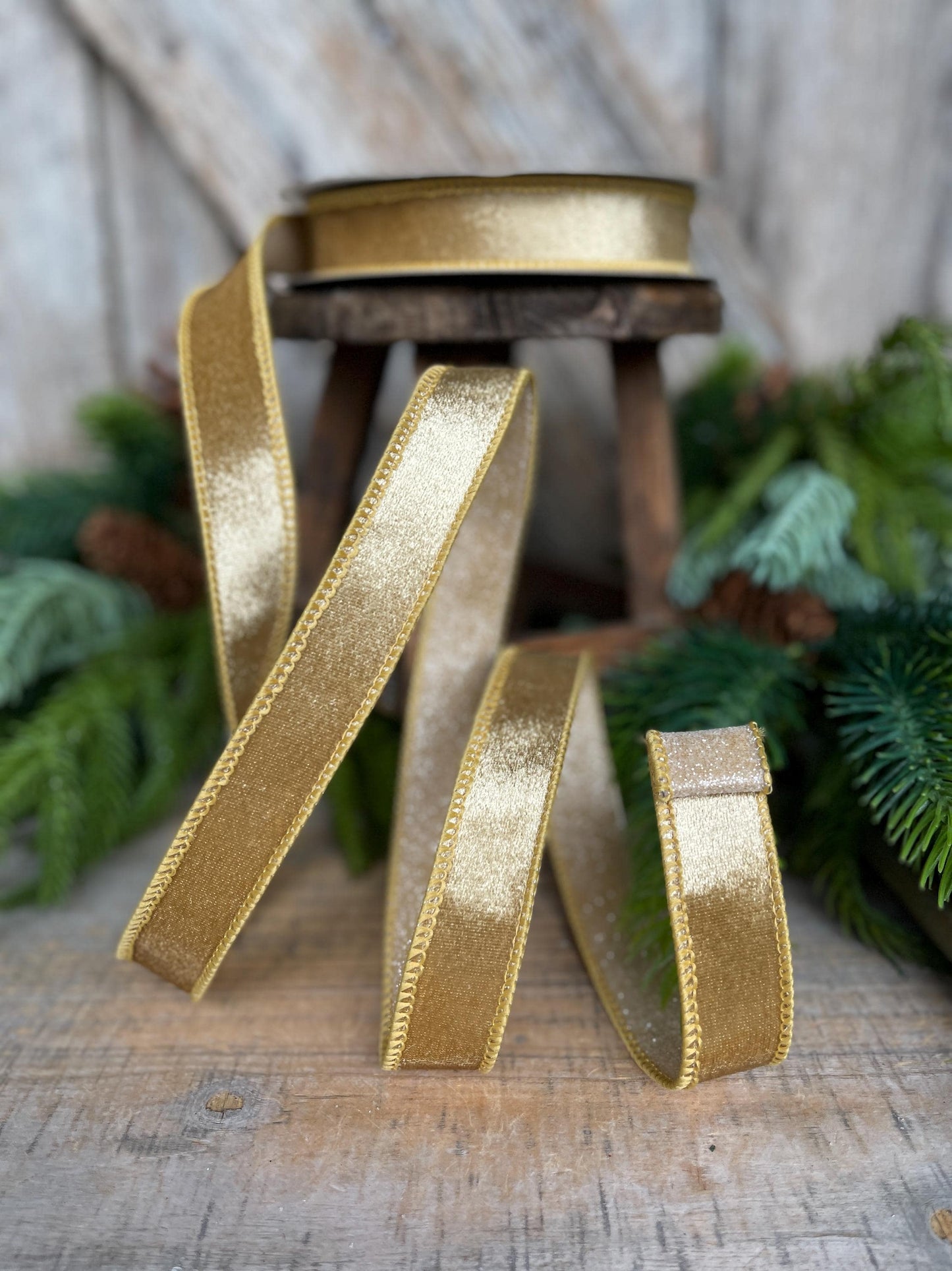1" Gold Velvet Ribbon, Farrisilk Ribbon, Gold Ribbon, Christmas Ribbon, Plush Stardust ribbon, Designer Ribbon, RS206-50