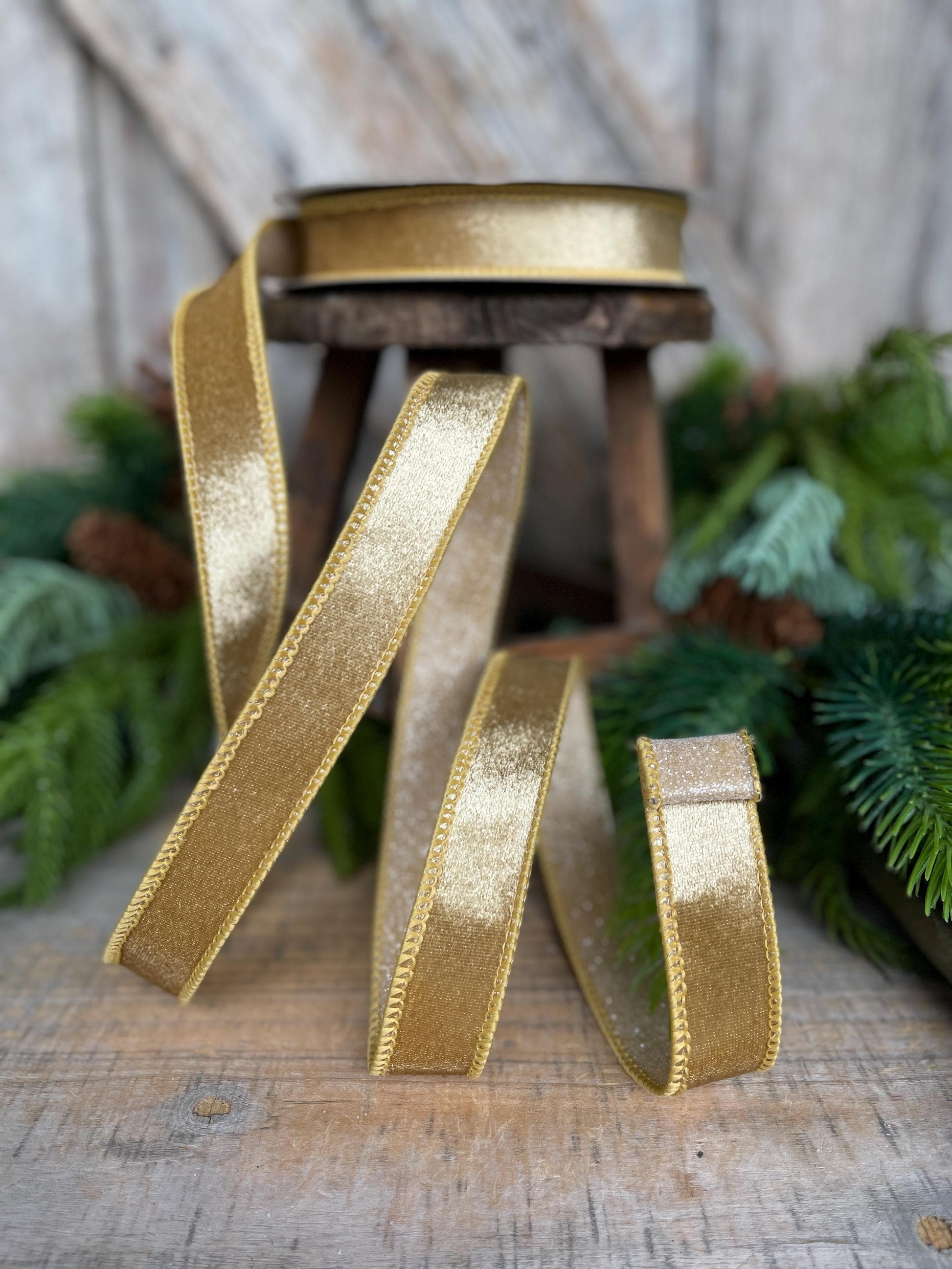 1" Gold Velvet Ribbon, Farrisilk Ribbon, Gold Ribbon, Christmas Ribbon, Plush Stardust ribbon, Designer Ribbon, RS206-50